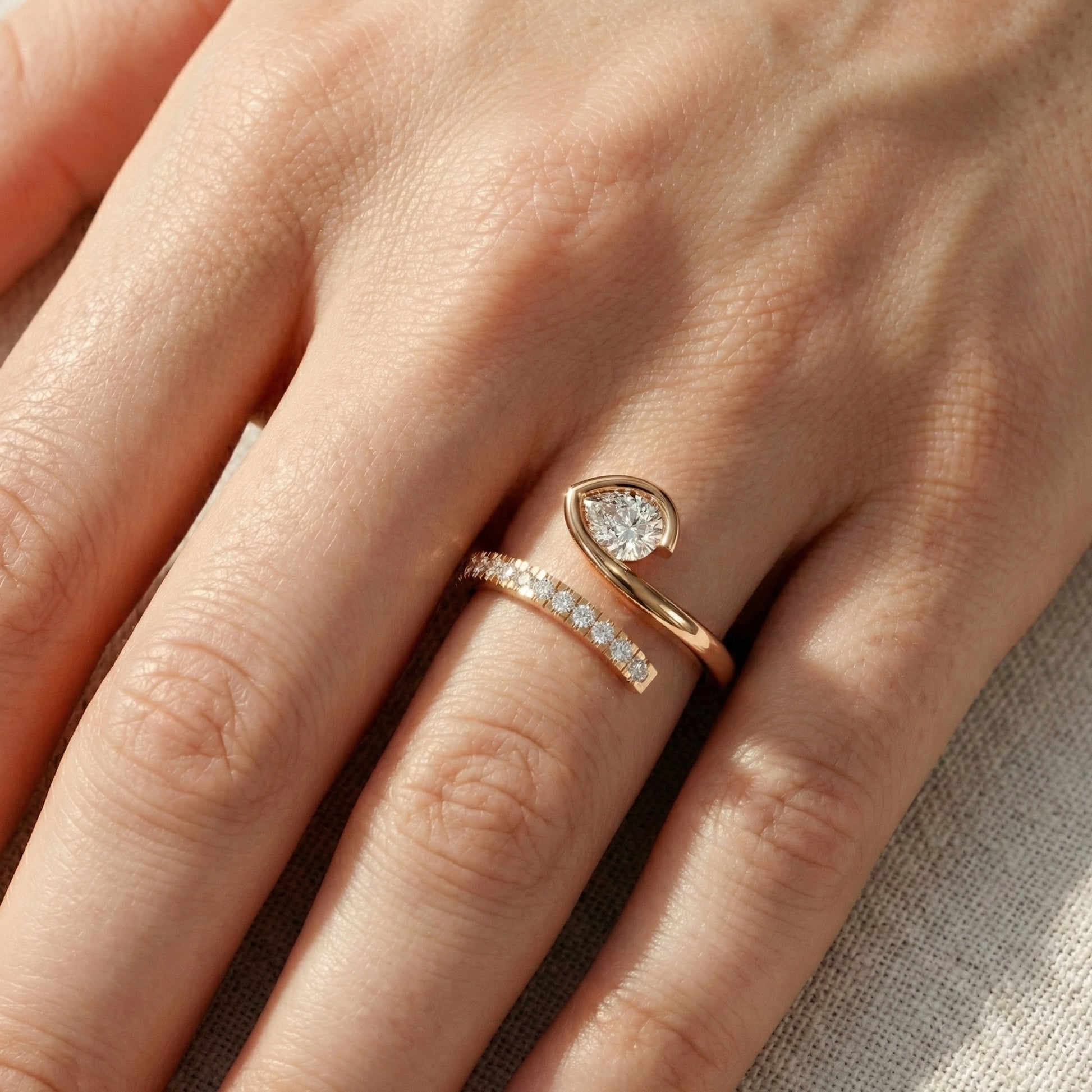 Modern Open Wrap Pear Solitaire Engagement Ring in Lab Diamond – 14k Solid Gold, Wedding Gift for Her, Handmade Bridal Jewelry