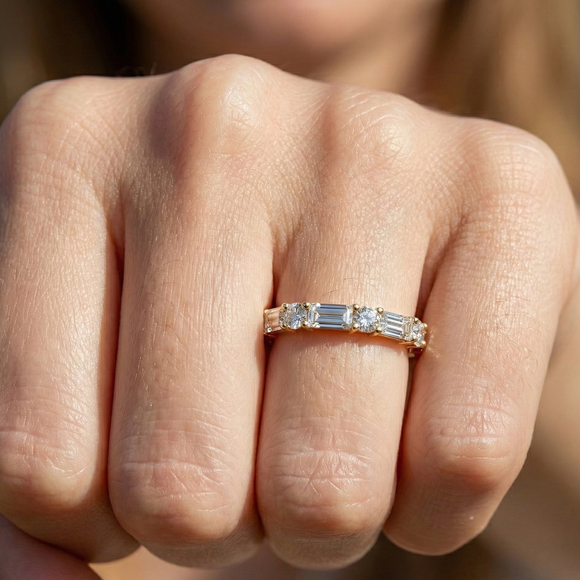 Dainty Baguette & Round Accent Band in 14K Solid Gold, 0.71 TCW Round/Baguette Cut Lab Grown Diamond, Wedding Jewelry, Promise Ring