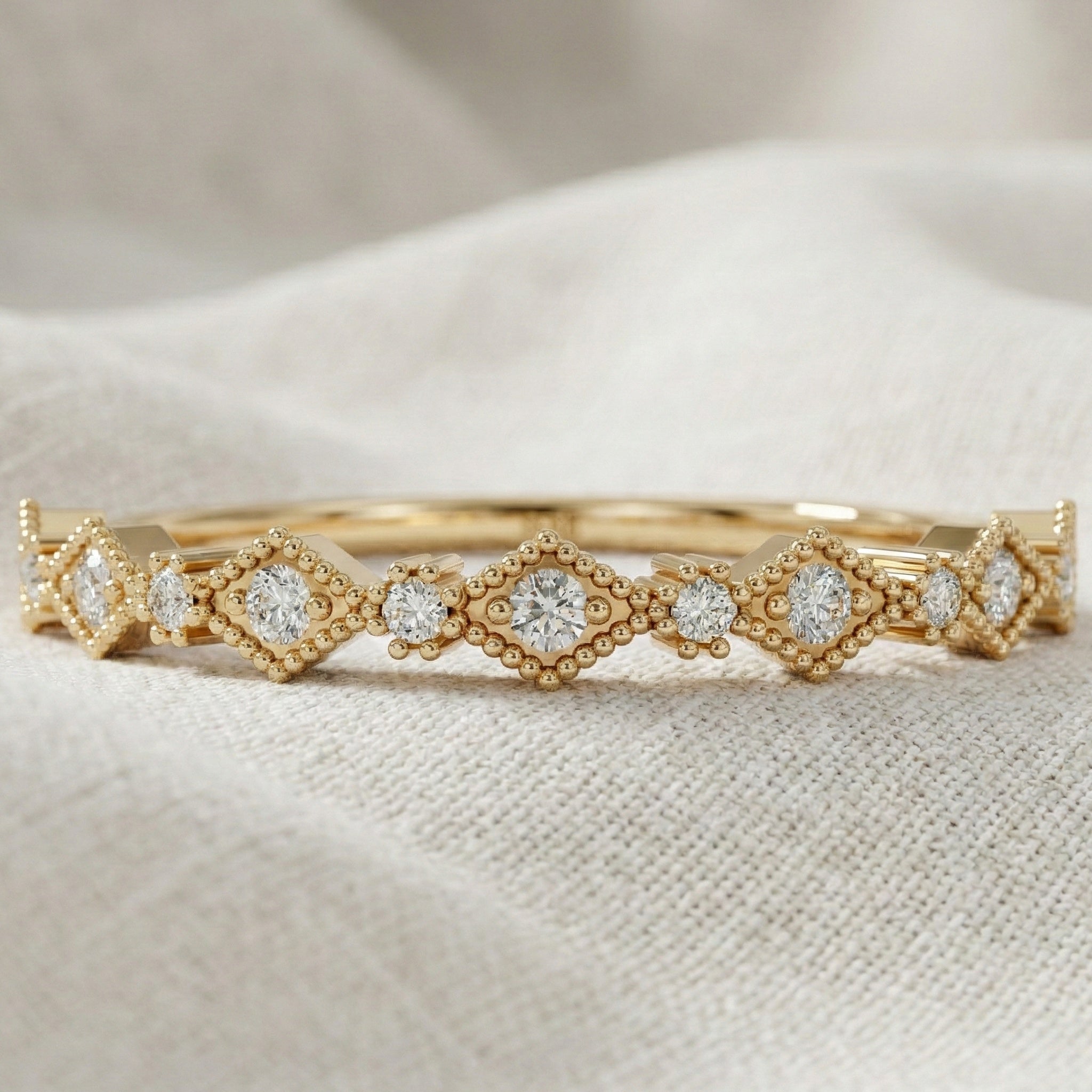 Vintage-Inspired Geometric Milgrain Wedding Band in 14K Solid Gold, 0.10 TCW Round Cut Lab Created Diamond, Stacker Gift For Her