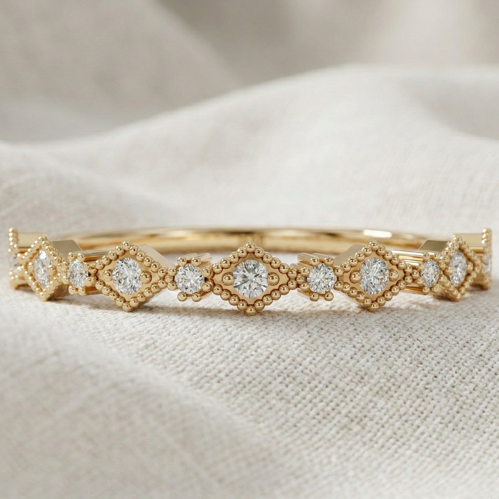 Vintage-Inspired Geometric Milgrain Wedding Band in 14K Solid Gold, 0.10 TCW Round Cut Lab Created Diamond, Stacker Gift For Her