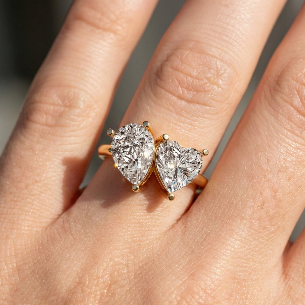 Unique Toi et Moi Two Stone Engagement Ring in 14k Rose Gold, 4.25 TCW Heart/Pear Cut Lab Grown Diamonds, Anniversary Gift For Wife, Love Token Ring