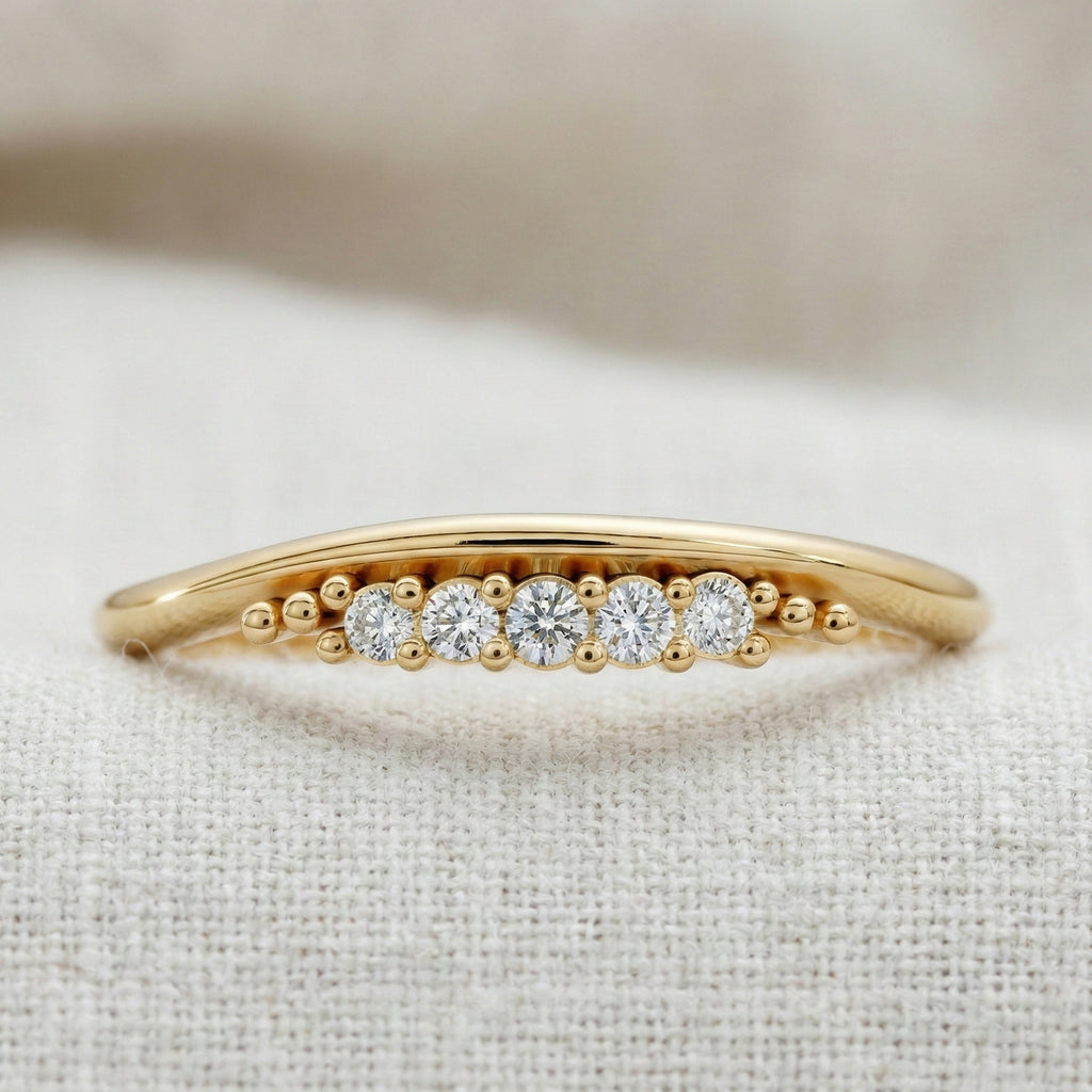 Curved Contour Bar-Set Round Accent Wedding Band in Lab Diamond – 14k  White Gold, Bridal Jewelry, Handmade Band For Women
