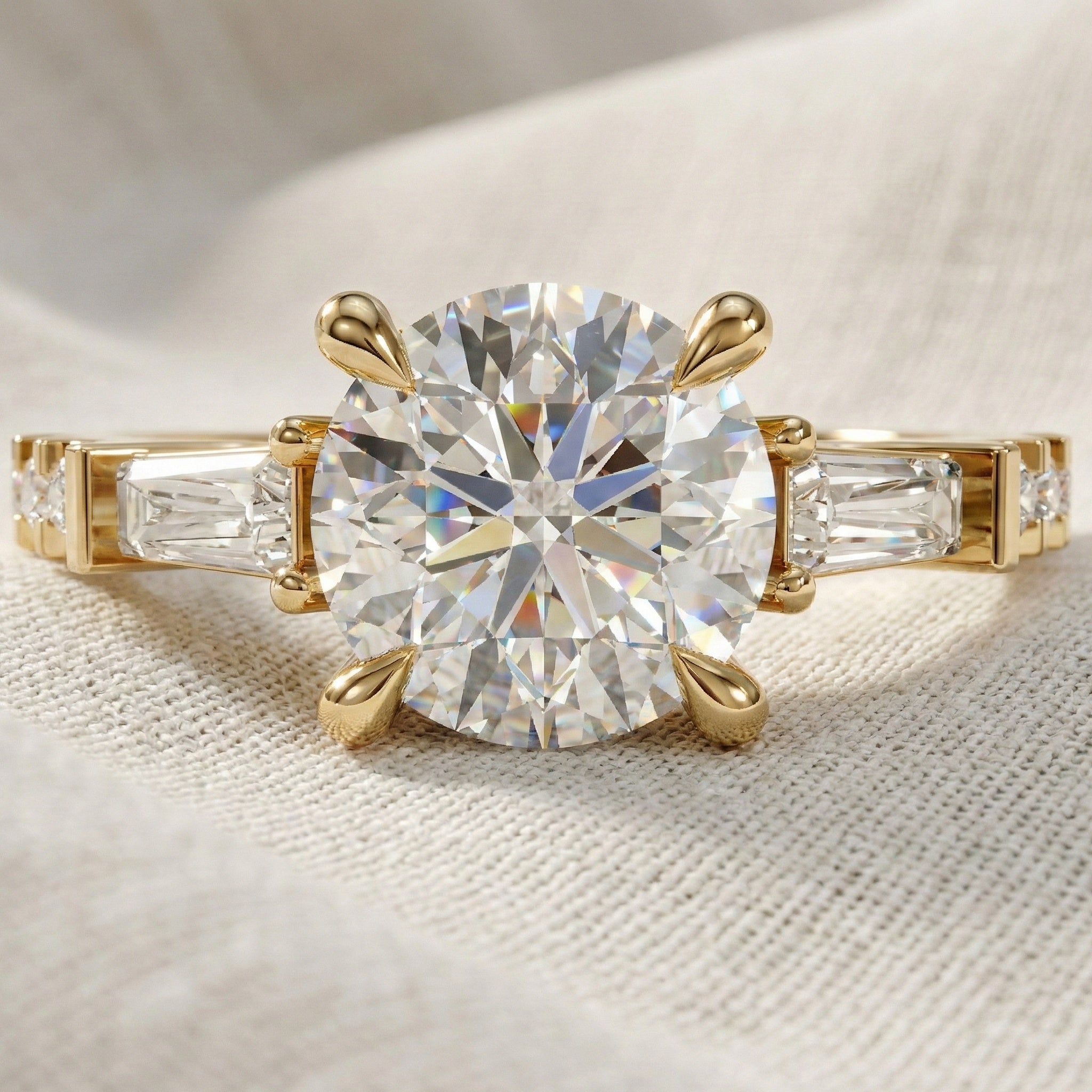 Baguette Accent Three-Stone Engagement Ring in 14K Solid Gold, 1.50 CT Round Cut Lab Grown Diamond, Elegant Jewelry, Anniversary Gift For Her