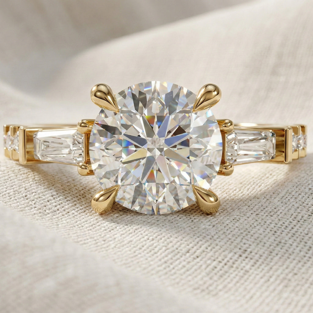 Baguette Accent Three-Stone Engagement Ring in 14K Solid Gold, 1.50 CT Round Cut Lab Grown Diamond, Elegant Jewelry, Anniversary Gift For Her