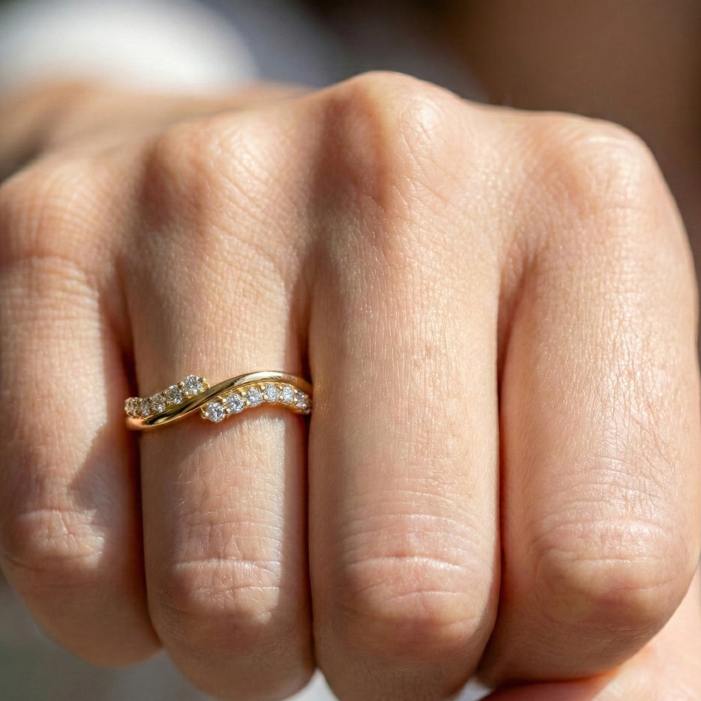 Curved Wave Crossover Wedding Band in Lab Diamond – 14k Rose Gold, Stacking Ring, Birthday Gift for Women