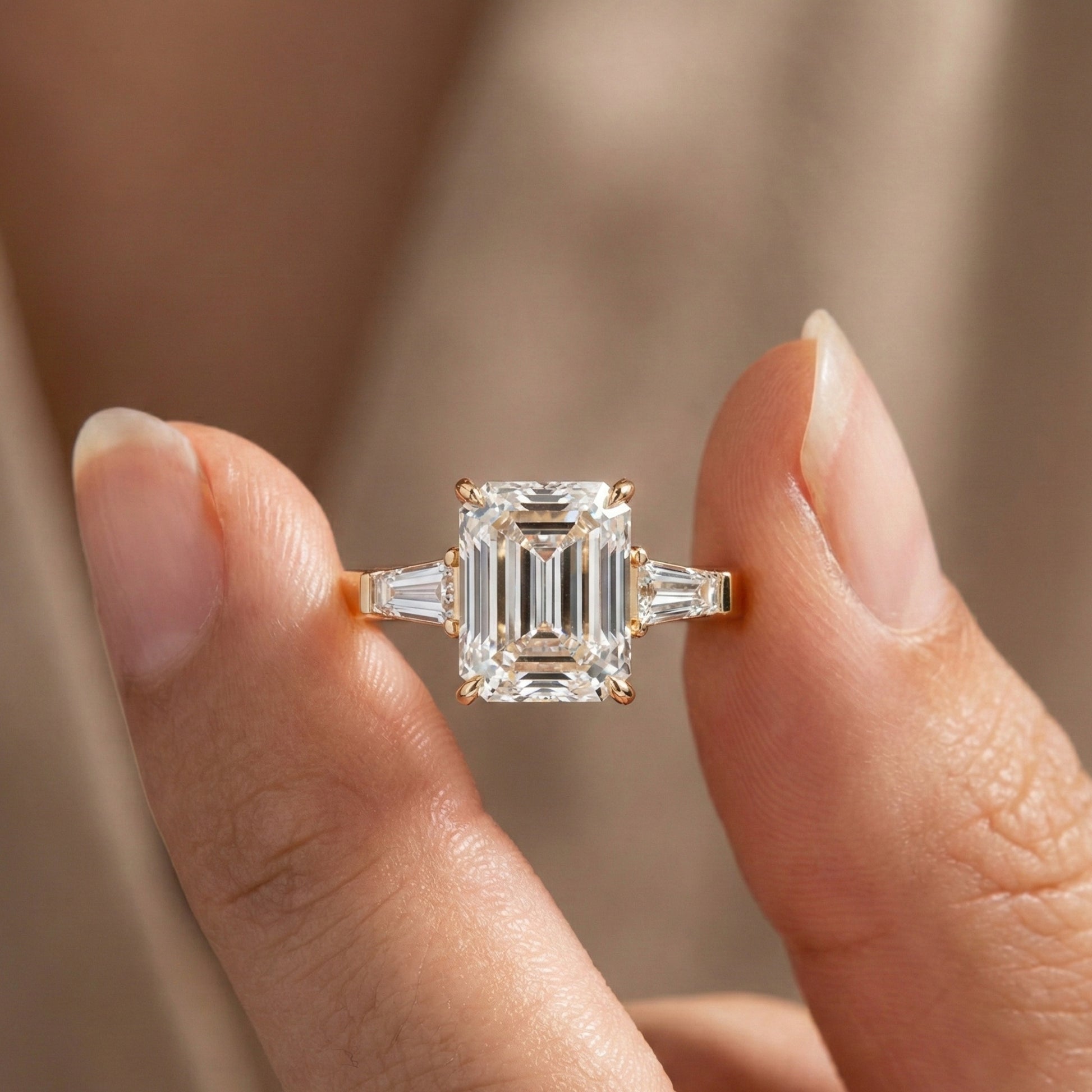 Elegant Emerald Cut Three Stone Engagement Ring in 14K White Gold, Bridal Jewelry, Handmade Jewelry