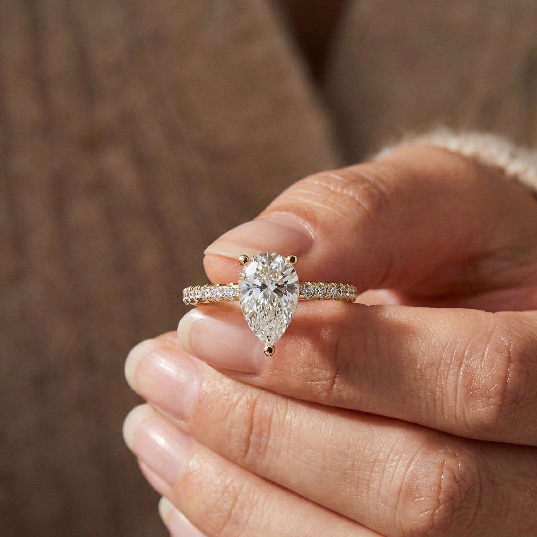 Dainty Pear Solitaire Pavé Engagement Ring in 14K Solid Gold, 1.50 CT Pear Cut Lab Grown Diamond, Proposal Jewelry, Anniversary Gift For Her