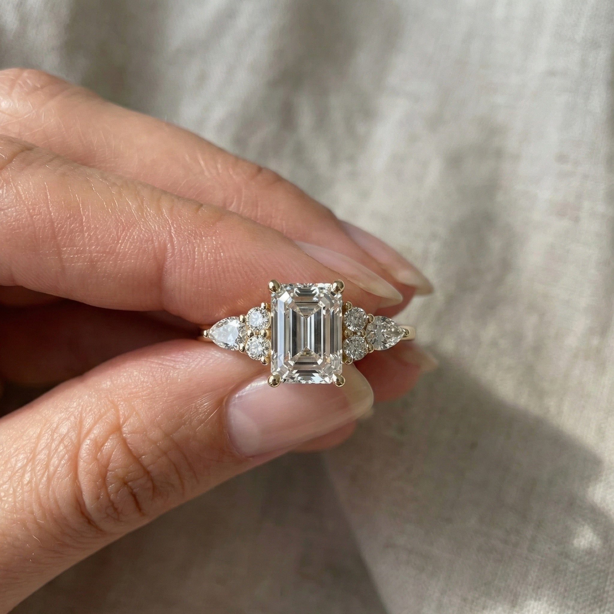 1.00 CT Emerald Cut Cluster Trio Engagement Ring in Lab Diamond – 14k Solid Gold, Anniversary Gift for Wife, Everyday Wedding Ring