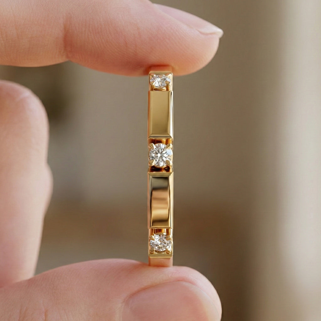 Geometric Eternity Wedding Band in 14k Solid Gold, 0.13 TCW Round Cut Diamonds, Stackable Wedding Ring Gift for Women, Simple Band