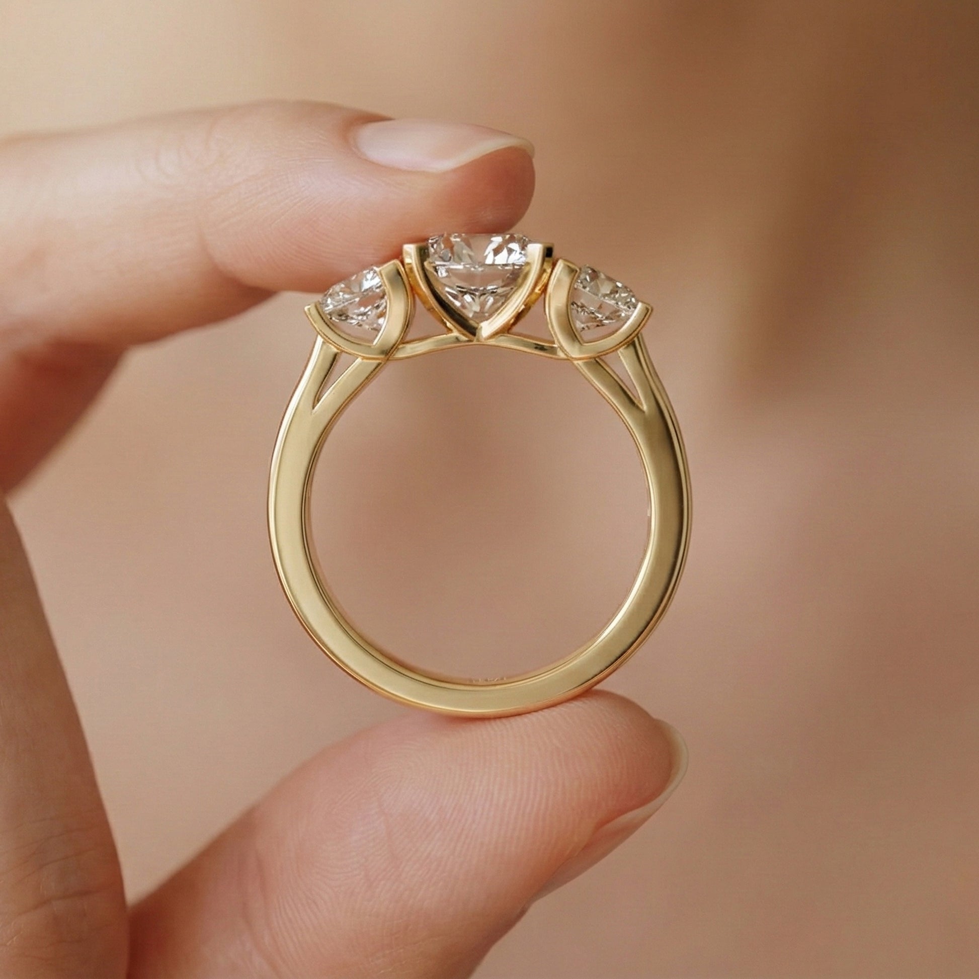 Oval/Round Cut Three Stone Lab Grown Diamond Engagement Ring in 14K Yellow Gold, Propose Ring, Handmade Jewelry