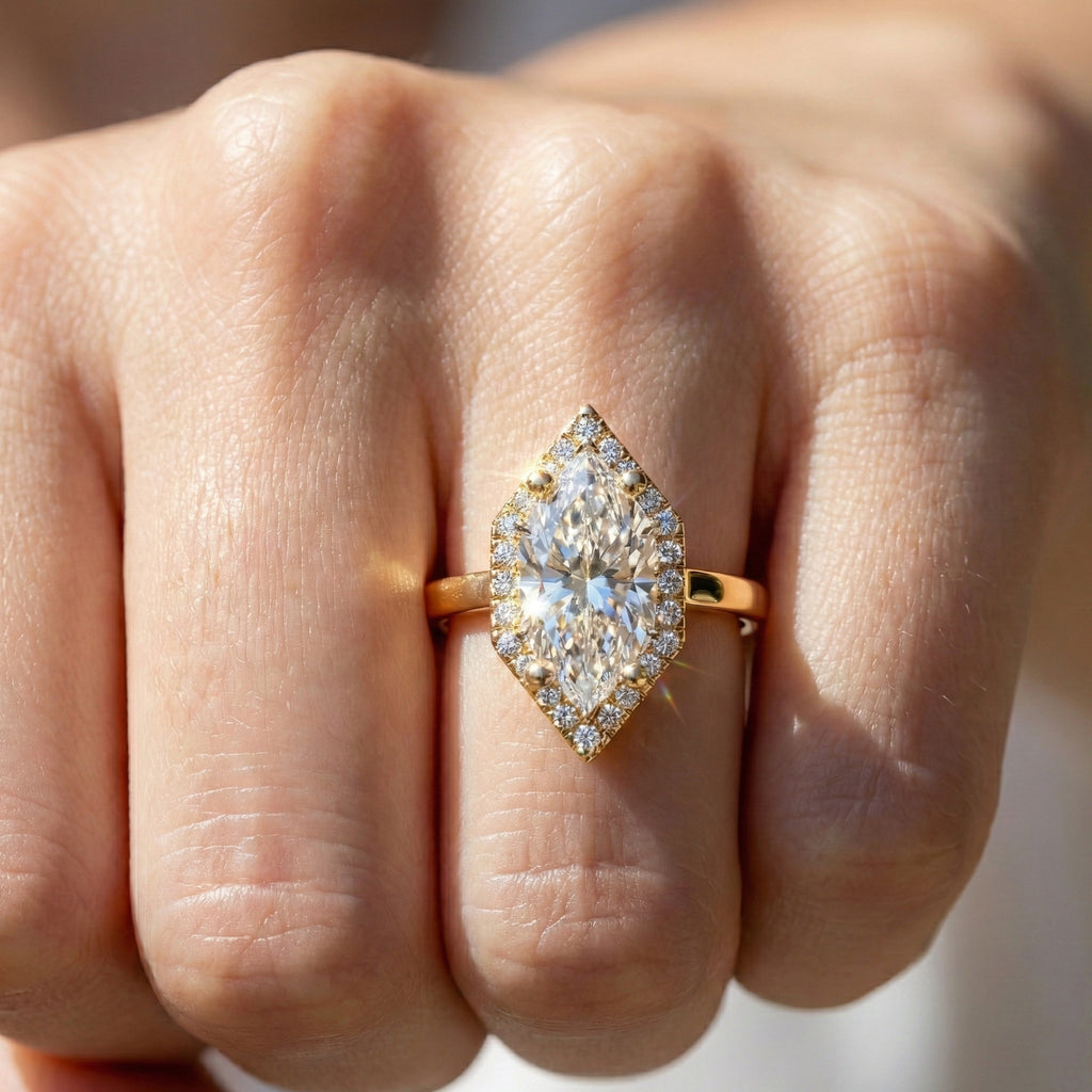 Art Deco Inspired Dutch Cut Halo Engagement Ring in 14K Solid Gold, 2.00 CT Dutch Marquise Cut Lab Created Diamond, Anniversary Gift for Her