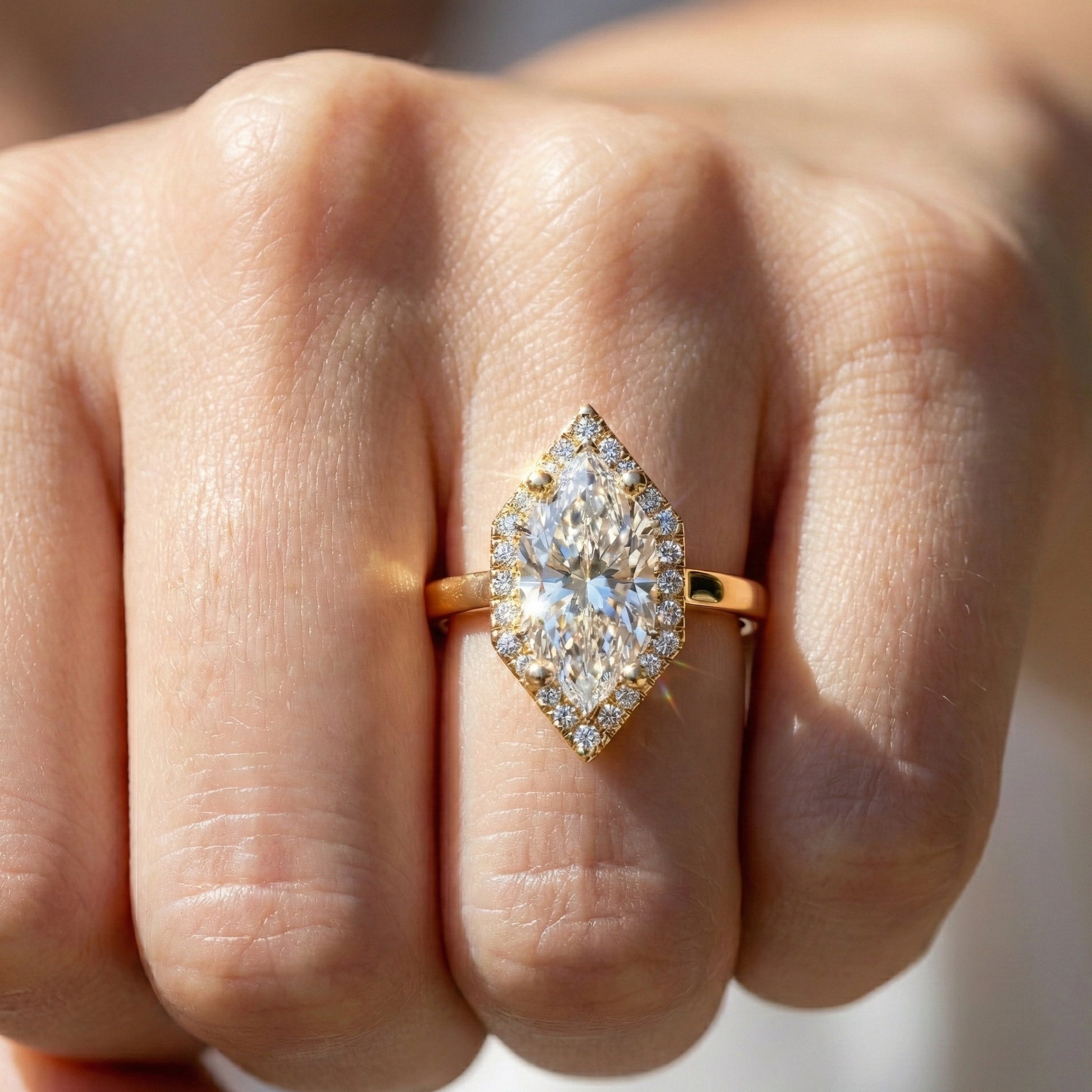 Art Deco Inspired Dutch Cut Halo Engagement Ring in 14K Solid Gold, 2.00 CT Dutch Marquise Cut Lab Created Diamond, Anniversary Gift for Her