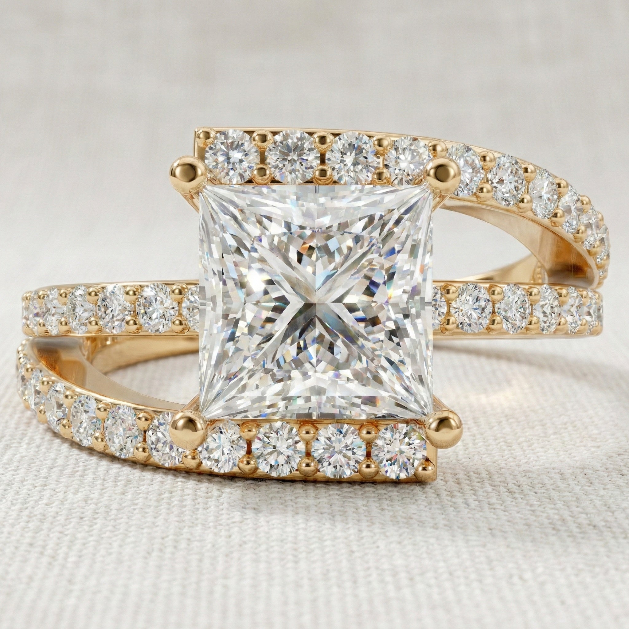 Modern Halo Split Shank Bypass Engagement Ring in 14K Solid Gold, 1.50 CT Princess Cut Lab Grown Diamond, Wedding Gift For Her