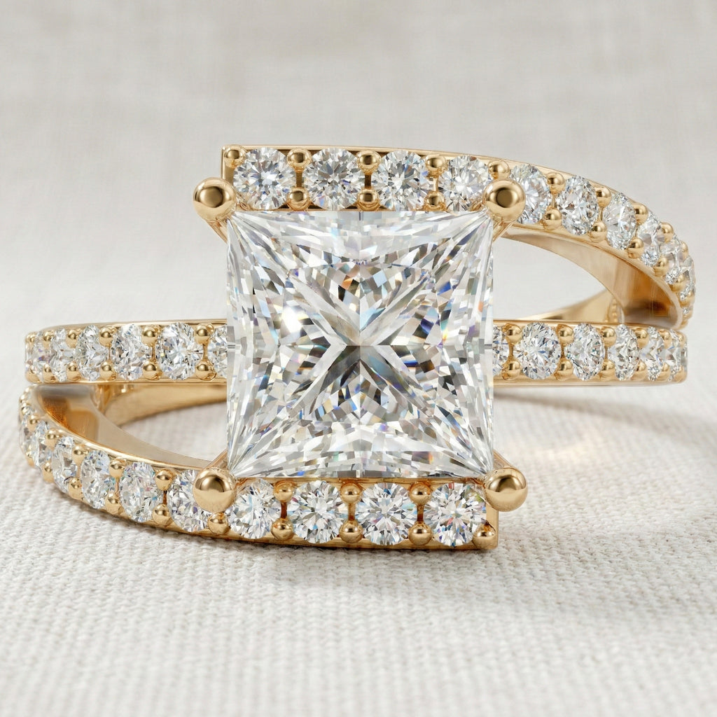 Modern Halo Split Shank Bypass Engagement Ring in 14K Solid Gold, 1.50 CT Princess Cut Lab Grown Diamond, Wedding Gift For Her
