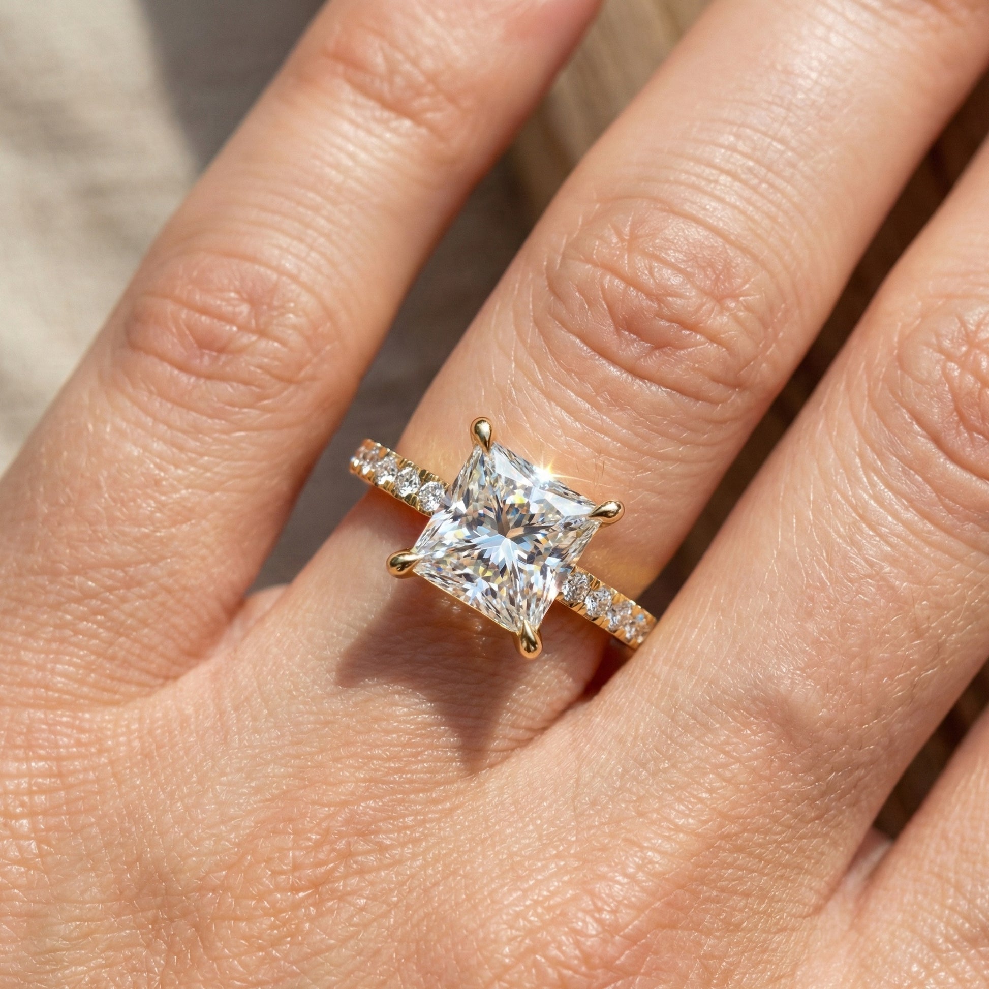 1.00 CT Princess Cut Pavé Band Solitaire Engagement Ring in Lab Grown Diamond - 14K Solid Gold, Bridal Gift for Her, Everyday Fine Jewelry