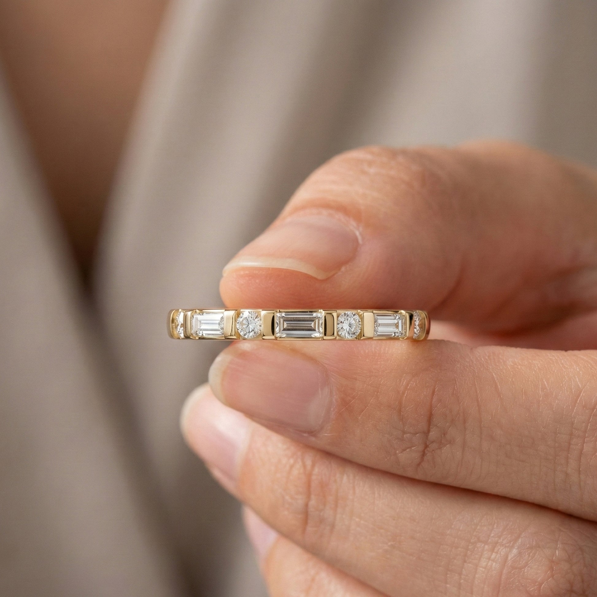 Half Eternity Bar Set Wedding Band in 14K Solid Gold, 0.23 TCW Baguette/Round Cut Lab Diamonds, Handmade Bridal Jewelry, Birthday Gift for Her