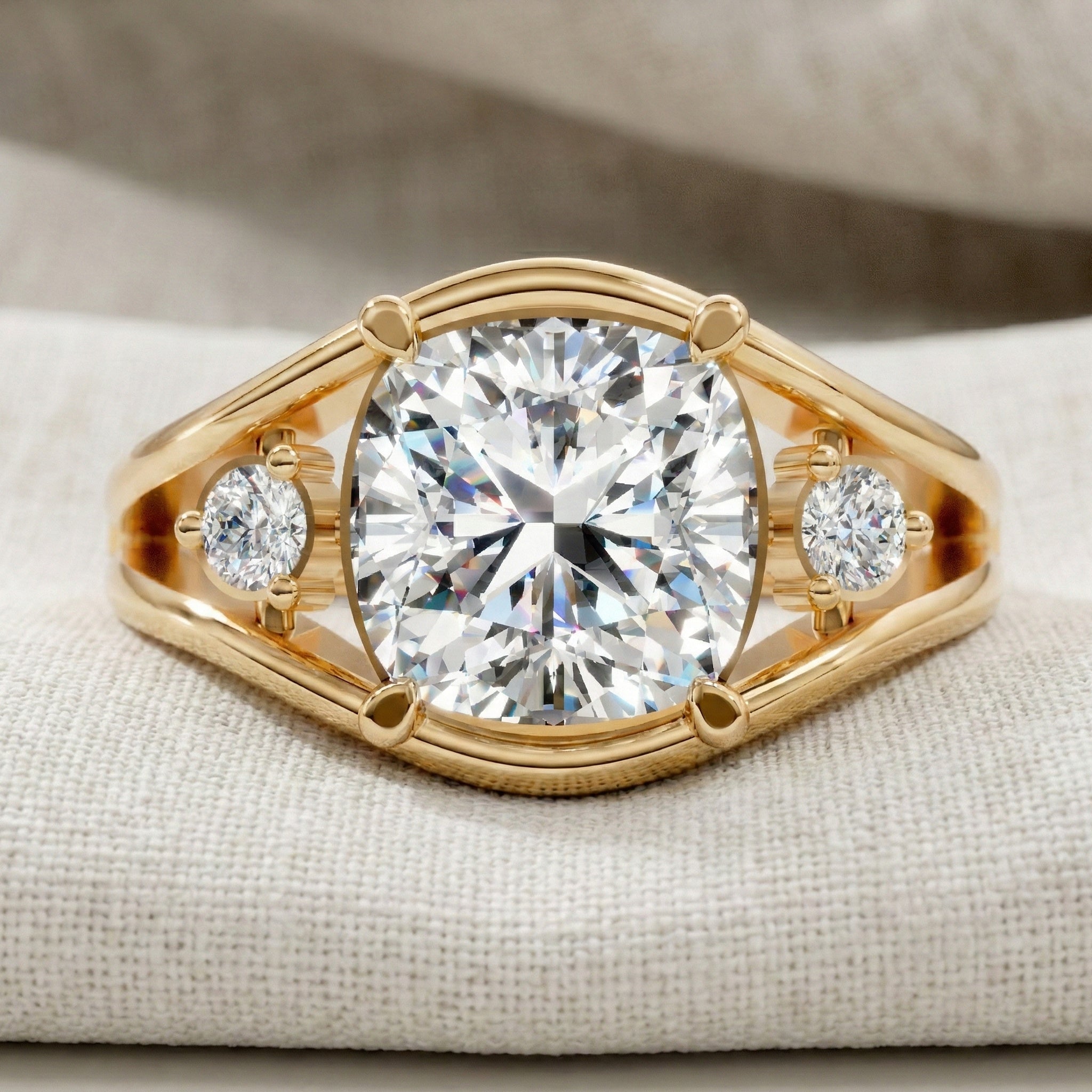 Modern Split Shank Three Stone Wedding Ring in Lab Grown Diamond – 14k Solid Gold, Luxurious GIft for Women, Everyday Jewelry