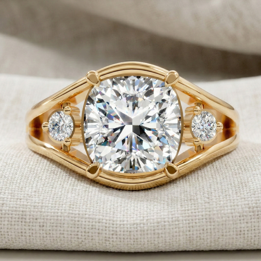 Modern Split Shank Three Stone Wedding Ring in Lab Grown Diamond – 14k Solid Gold, Luxurious GIft for Women, Everyday Jewelry