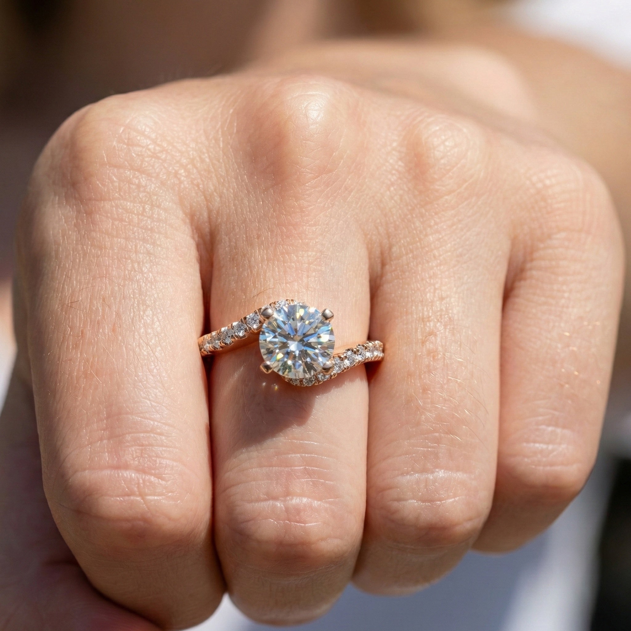 Elegant Bypass Pave Solitaire Engagement Ring in 14K Solid Gold, 0.50 CT Round Cut Lab Grown Diamond, Handmade Jewelry, Gift for Her