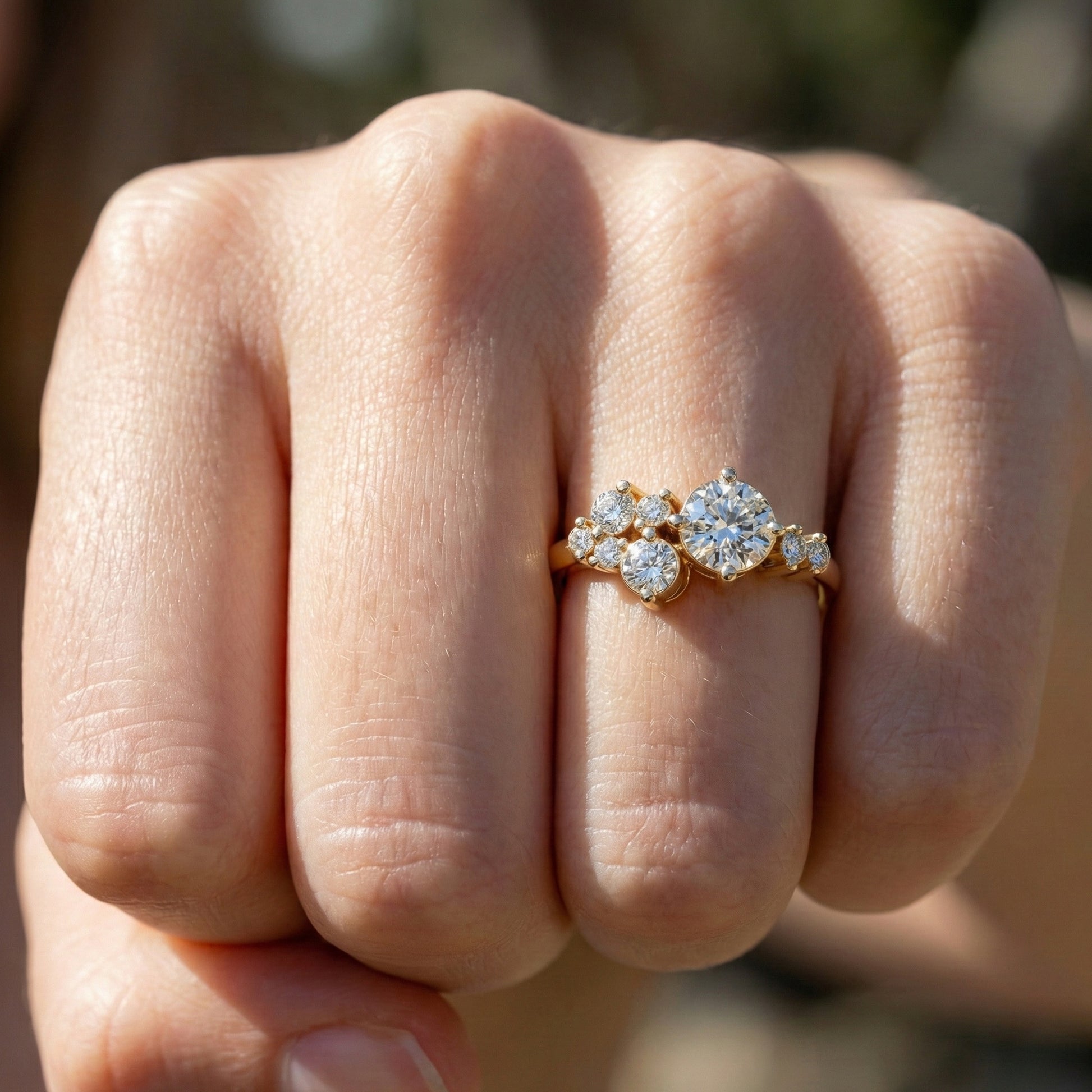 Asymmetrical Cluster Three Stone Engagement Ring in 14K Solid Gold, 0.70 CT Round Cut Lab Grown Diamond, Bridal Jewelry, Gift  For Her