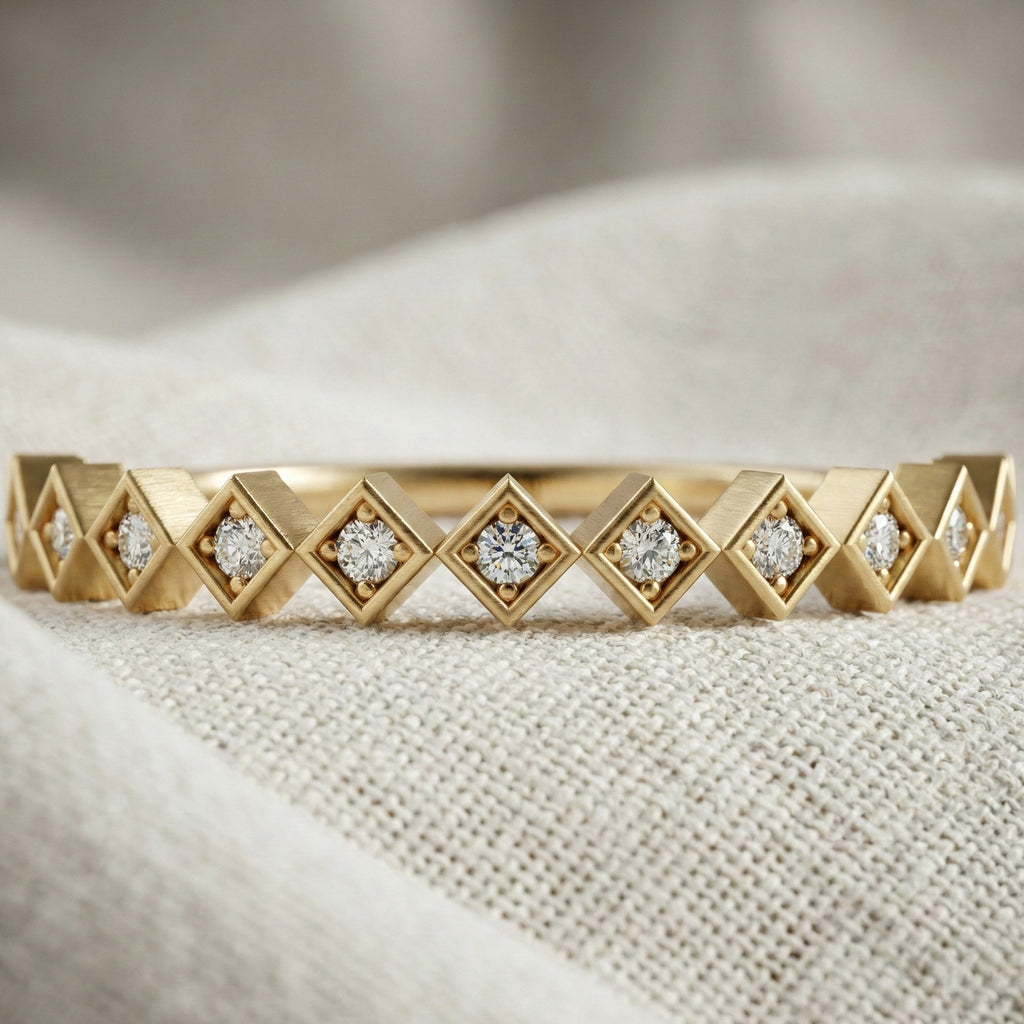 Contemporary Square Station Wedding Band in 14K Solid Gold, 0.07 TCW Round Cut Lab Grown Diamonds, Wedding Stacking Band, Graduation Gift for Her