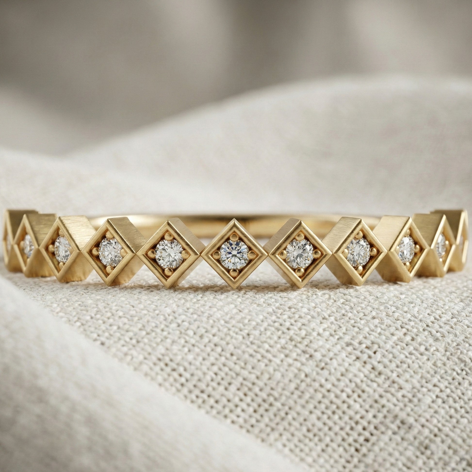 Contemporary Square Station Wedding Band in 14K Solid Gold, 0.07 TCW Round Cut Lab Grown Diamonds, Wedding Stacking Band, Graduation Gift for Her