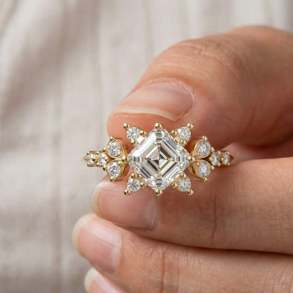 Unique Halo Cluster Engagement Ring in 14K Solid Gold, 1.00 CT Princess Cut Lab Created Diamond, Handmade Bridal Jewelry, Anniversary Gift for Her