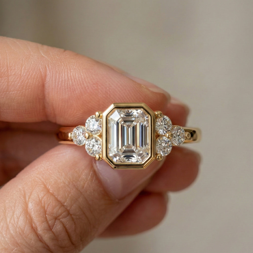 Unique Emerald Centerpiece Engagement Ring in 14K Solid Gold, 0.45 CT Emerald Cut Lab Created Diamond, Engagement Ring, Gift For Her