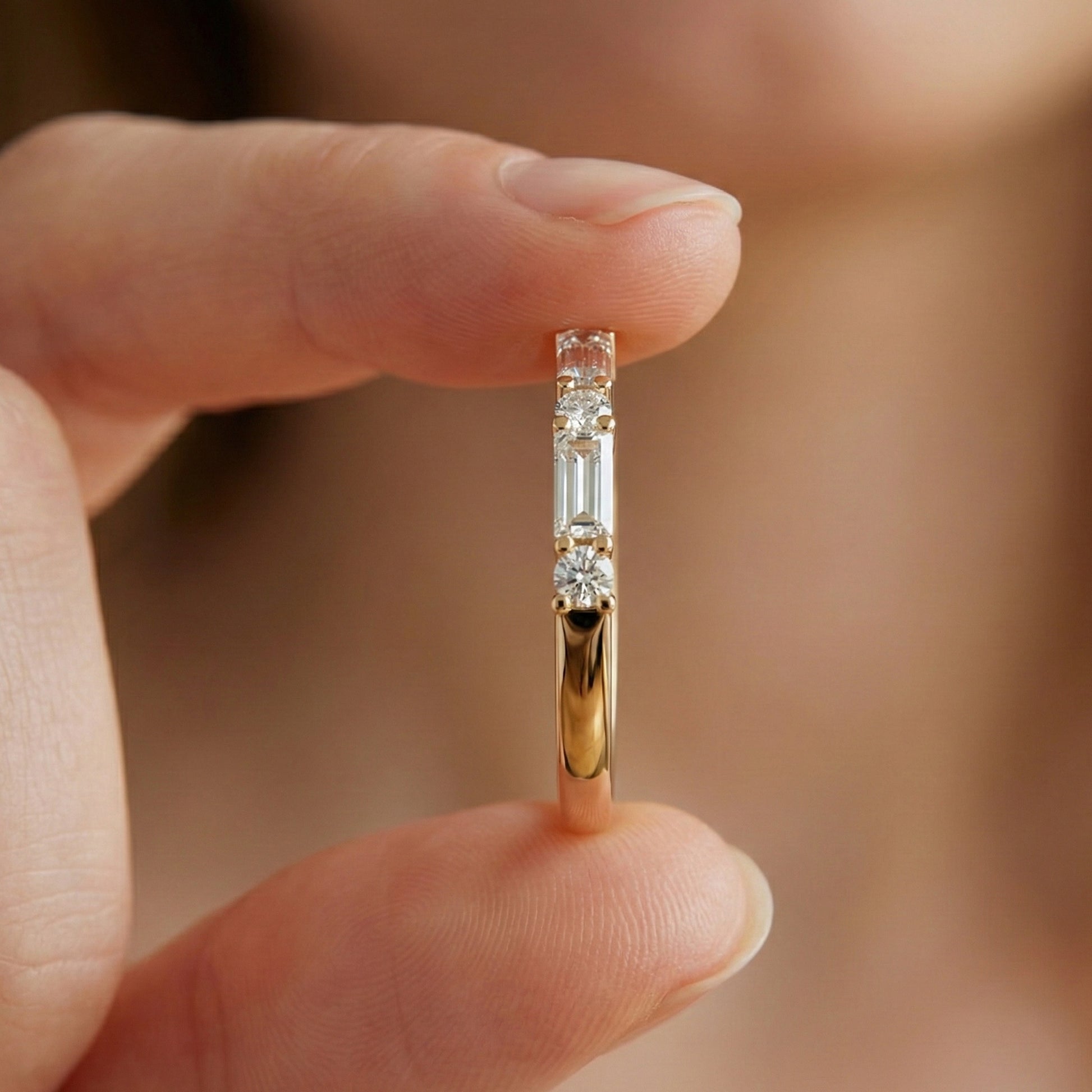 Dainty Baguette & Round Accent Band in 14K Solid Gold, 0.71 TCW Round/Baguette Cut Lab Grown Diamond, Wedding Jewelry, Promise Ring