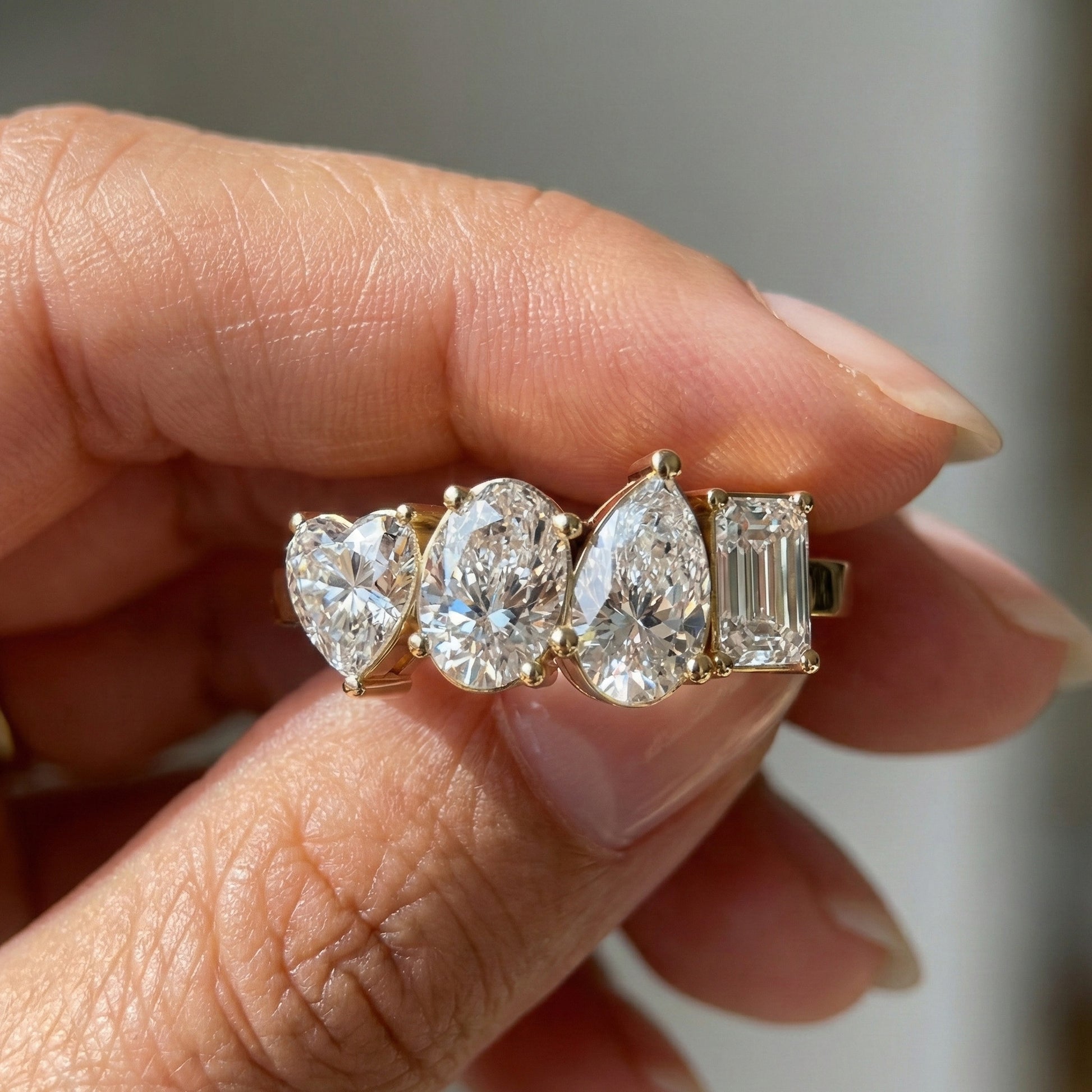 Four Stone East-West Engagement Ring in 14K Solid Gold, 1.99 TCW Heart/Oval/Pear/Emerald Cut Lab Grown Diamonds, Wedding Gift for Wife, Bridal Jewelry