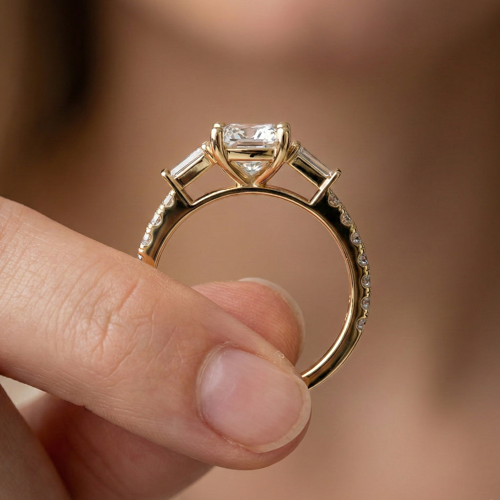 Baguette Accent Three-Stone Engagement Ring in 14K Solid Gold, 1.50 CT Round Cut Lab Grown Diamond, Elegant Jewelry, Anniversary Gift For Her