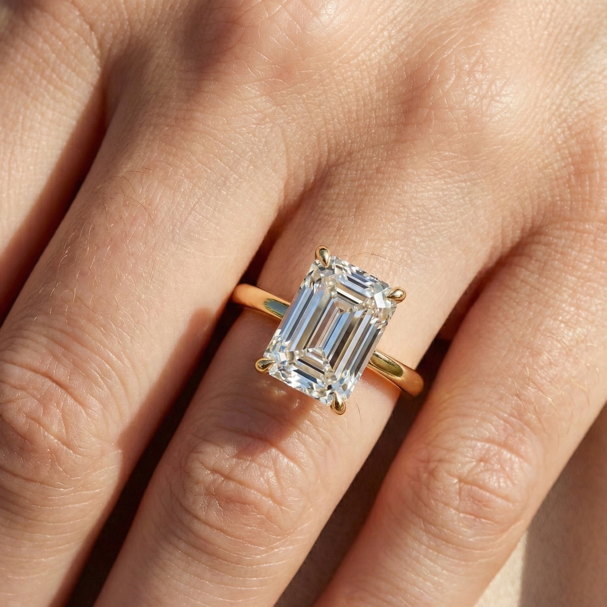 Timeless Four Prong Hidden Halo Engagement Ring in 14K Solid Gold, 3.20 CT Emerald Cut Lab Created Diamond, Bridal Jewelry, Gift For Her