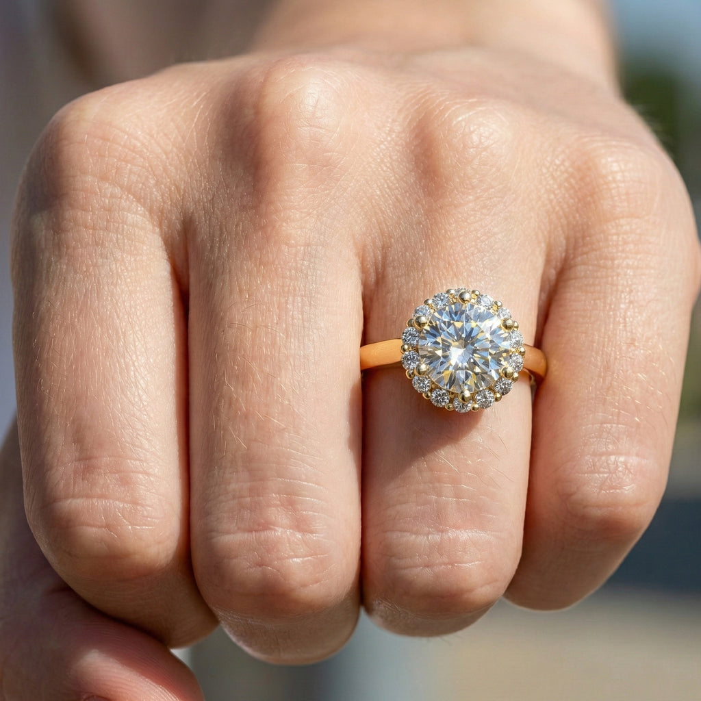 Dainty Round Halo Engagement Ring in 14K Solid Gold, 1.00 CT Round Cut Lab Created Diamond, Proposal Gift for Her