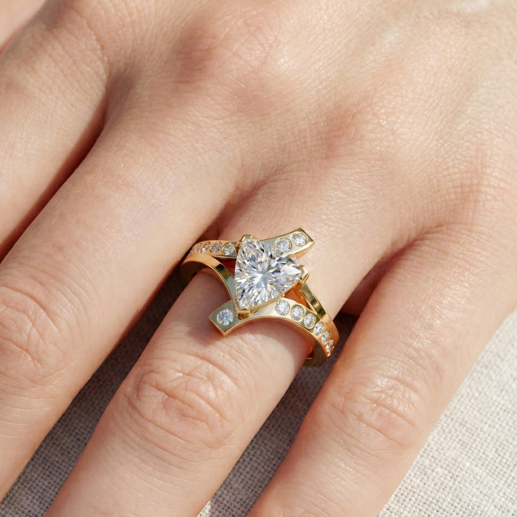 Trillion Cut Modern Sprit Shank Pave Engagement Ring in 14k Yellow Gold, Birthday Gift for Wife, Handmade Fine Jewelry