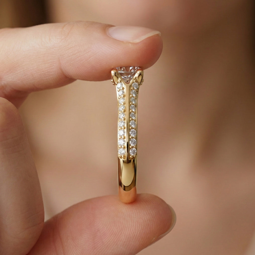 Double Raw Pavé Solitaire Engagement Ring in 14K Solid Gold, 0.82 TCW Round Cut Lab Diamonds, Romantic Gift for Wife, Everyday Jewelry