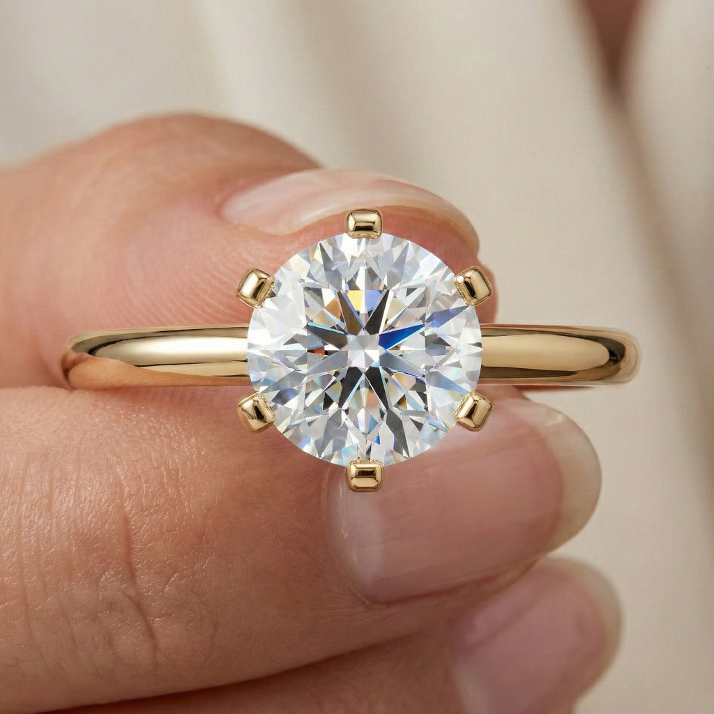 Modern Six-Prong Solitaire Engagement Ring 14K Solid Gold, 1.25 CT Round Cut Lab Created Diamond, Gift for Her, Everyday Jewelry