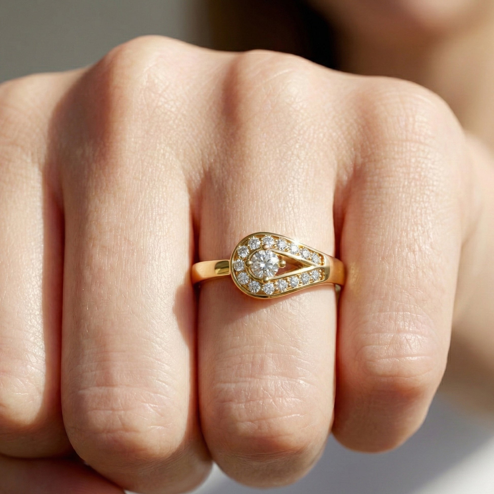 Teardrop Halo Solitaire Wedding Ring in 14k Yellow Gold, Elegant Halo Ring For Women, Anniversary Gift, Everyday Jewelry