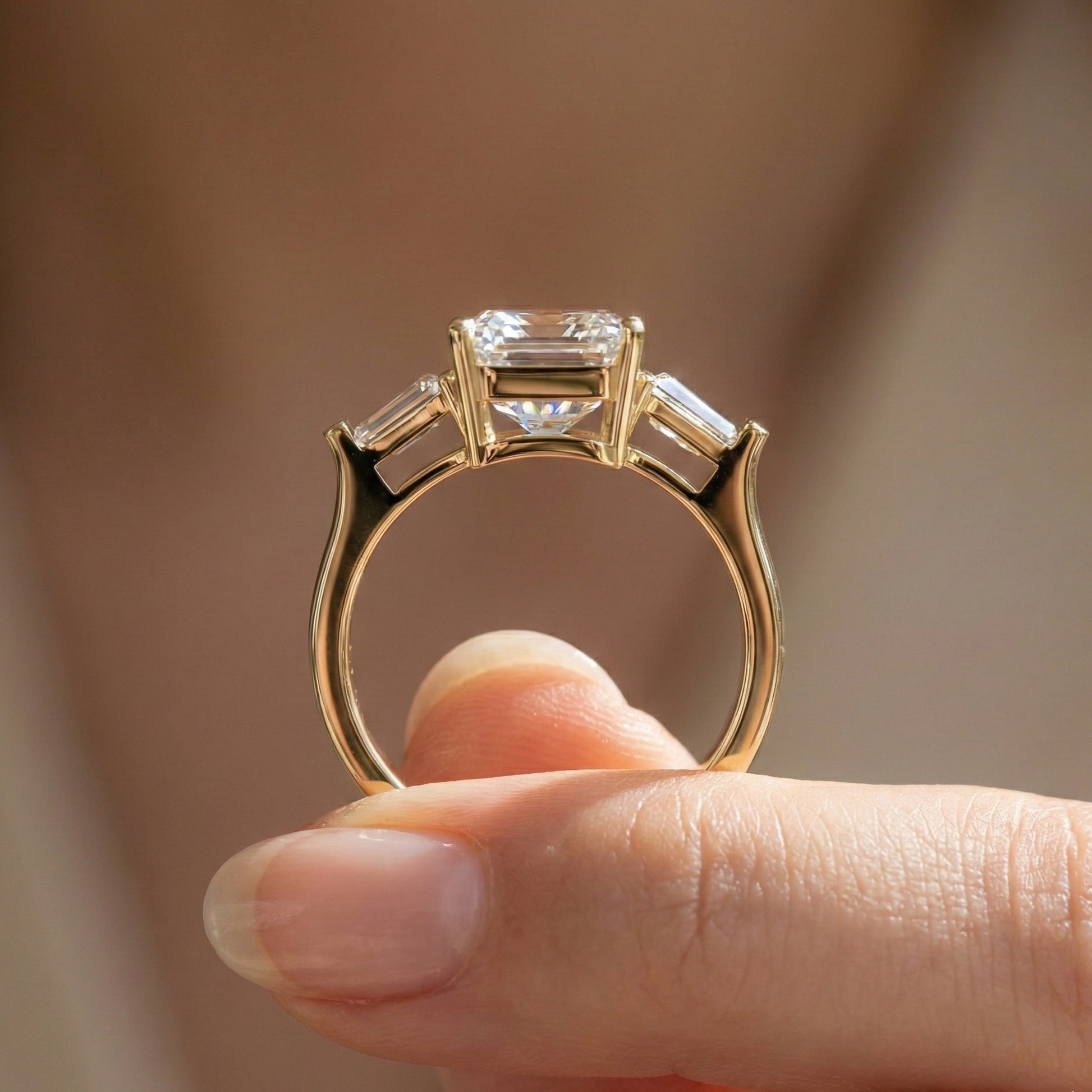 Elegant Emerald Cut Three Stone Engagement Ring in 14K White Gold, Bridal Jewelry, Handmade Jewelry