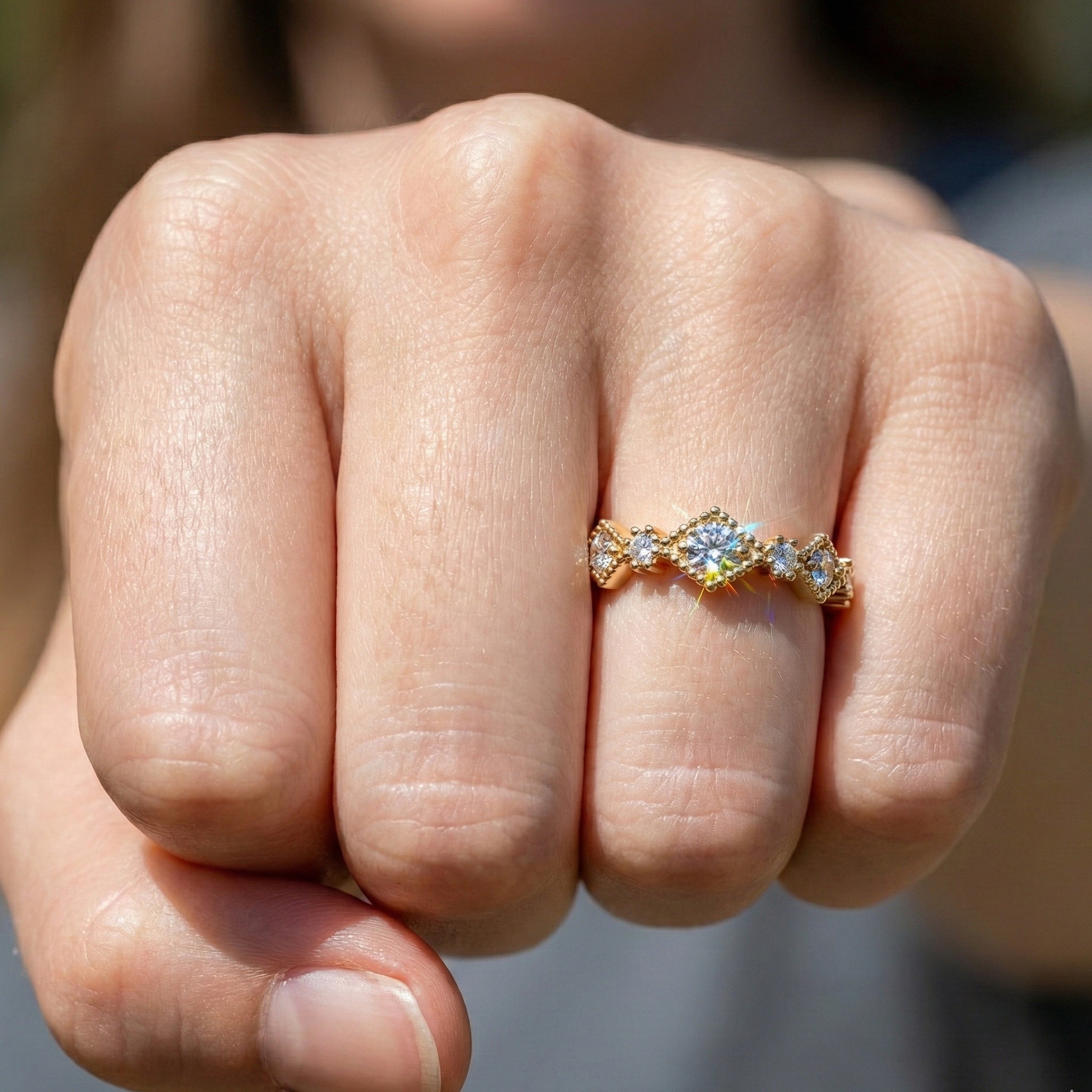 Vintage-Inspired Geometric Milgrain Wedding Band in 14K Solid Gold, 0.10 TCW Round Cut Lab Created Diamond, Stacker Gift For Her