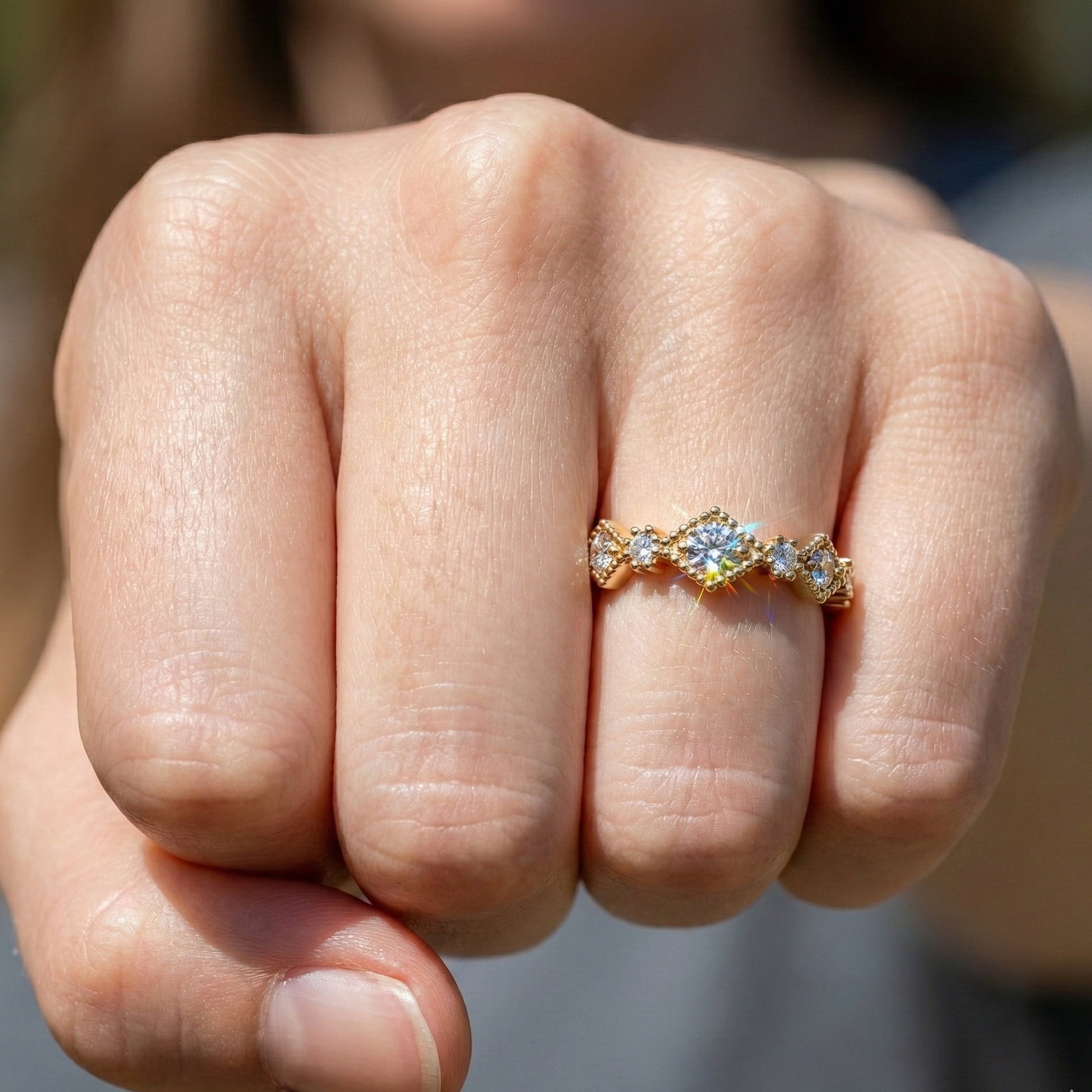 Vintage-Inspired Geometric Milgrain Wedding Band in 14K Solid Gold, 0.10 TCW Round Cut Lab Created Diamond, Stacker Gift For Her