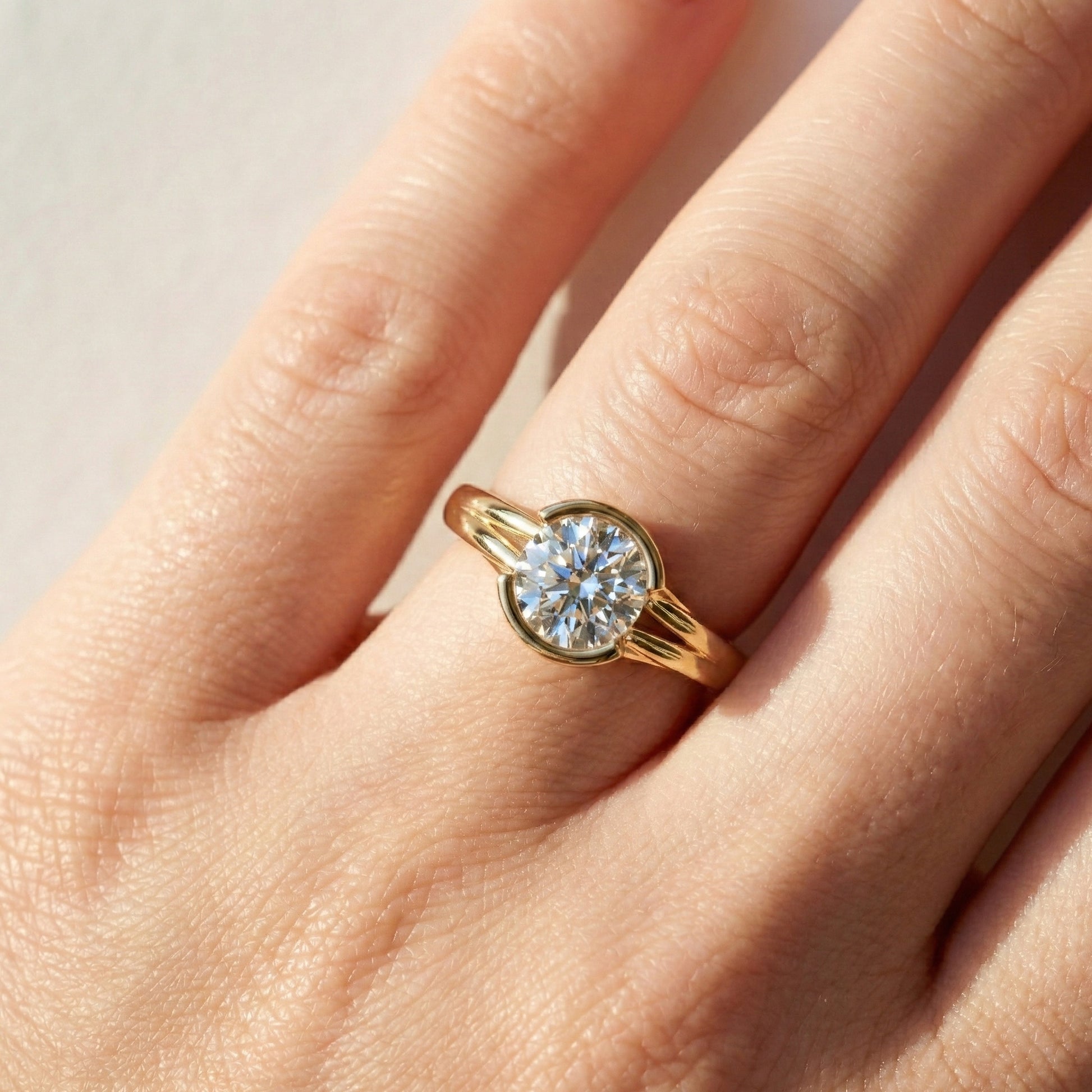 Split Shank Bezel Set Solitaire Engagement Ring in 14k Solid Gold, 0.50 CT CT Round Cut Lab Created Diamond, Wedding GIft for Her