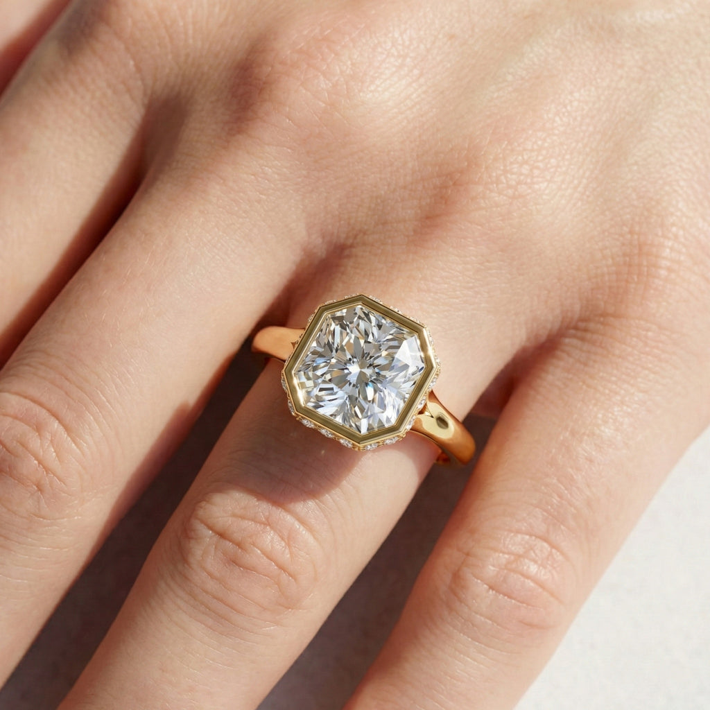 Bold Asscher Cut Bezel Hidden Halo Engagement Ring in Lab Grown Diamond – 18K Solid Gold, Tapered Band Geometric Solitaire Ring, Anniversary Gift for Wife