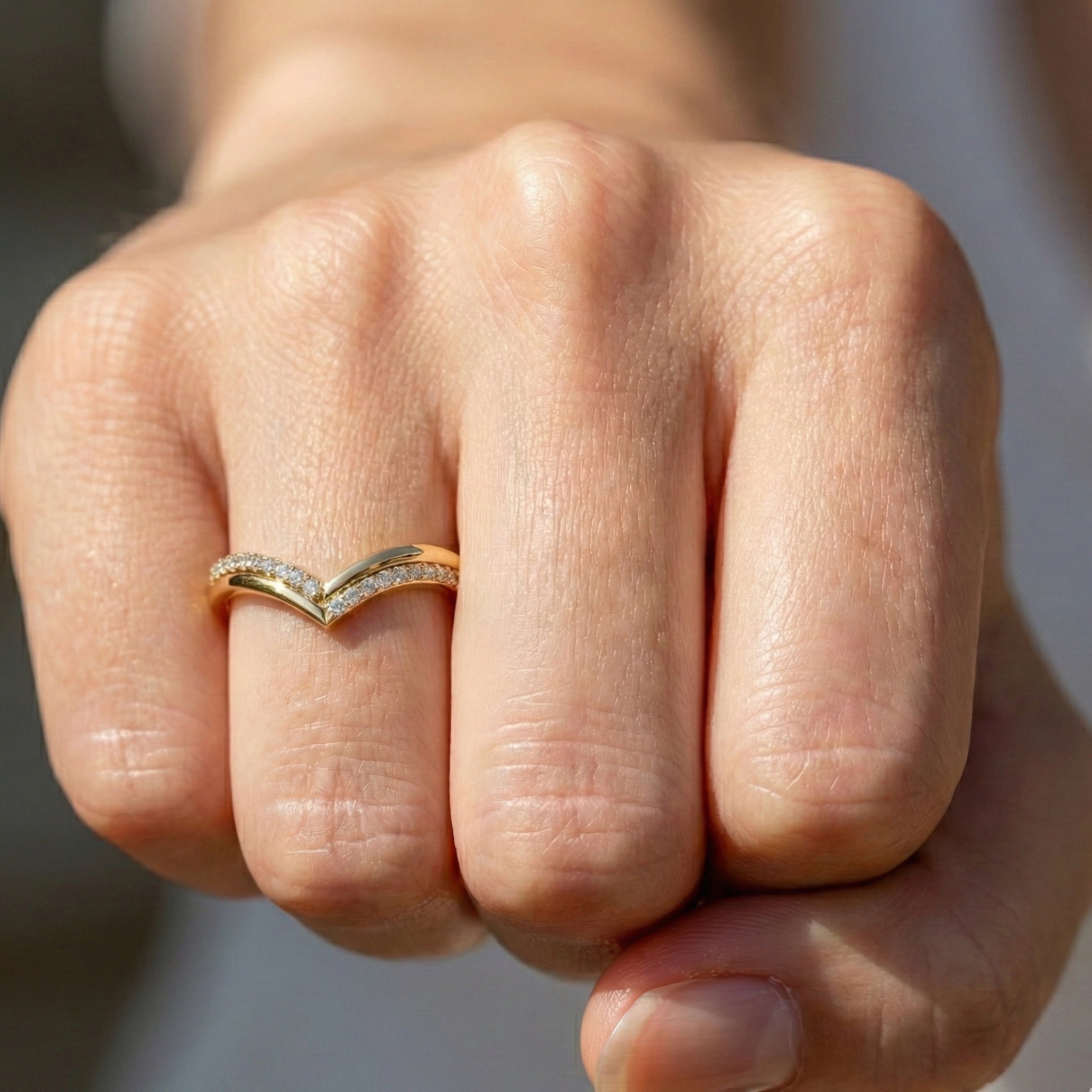 Chevron V-Shape Pave Wedding Band in Lab Grown Diamond – Solid 9k/14k Gold, Stackable Ring For Women, Antique Gift