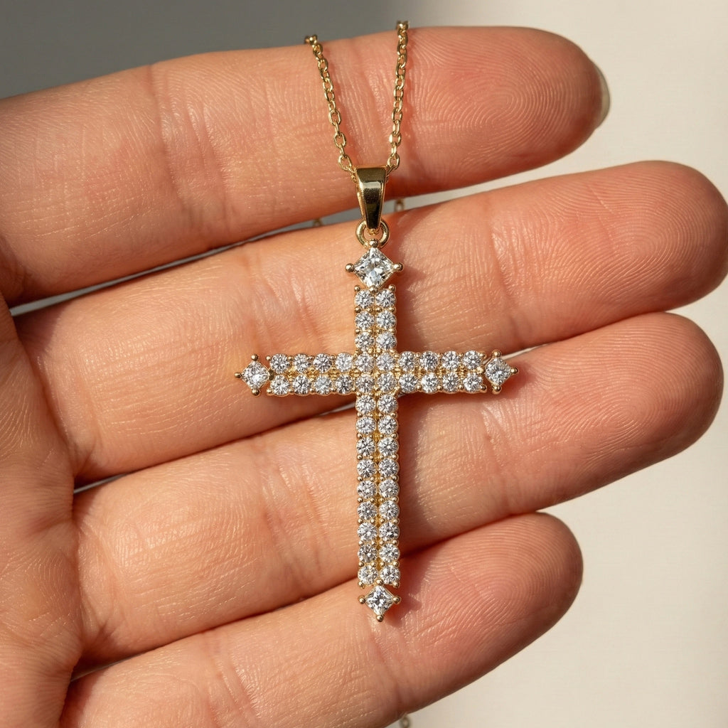 Elegant Pavé Cross Pendant Pendant in 14k Solid Gold, 0.57 TCW Round/Princess Cut Lab Diamonds, Anniversary Gift for Her