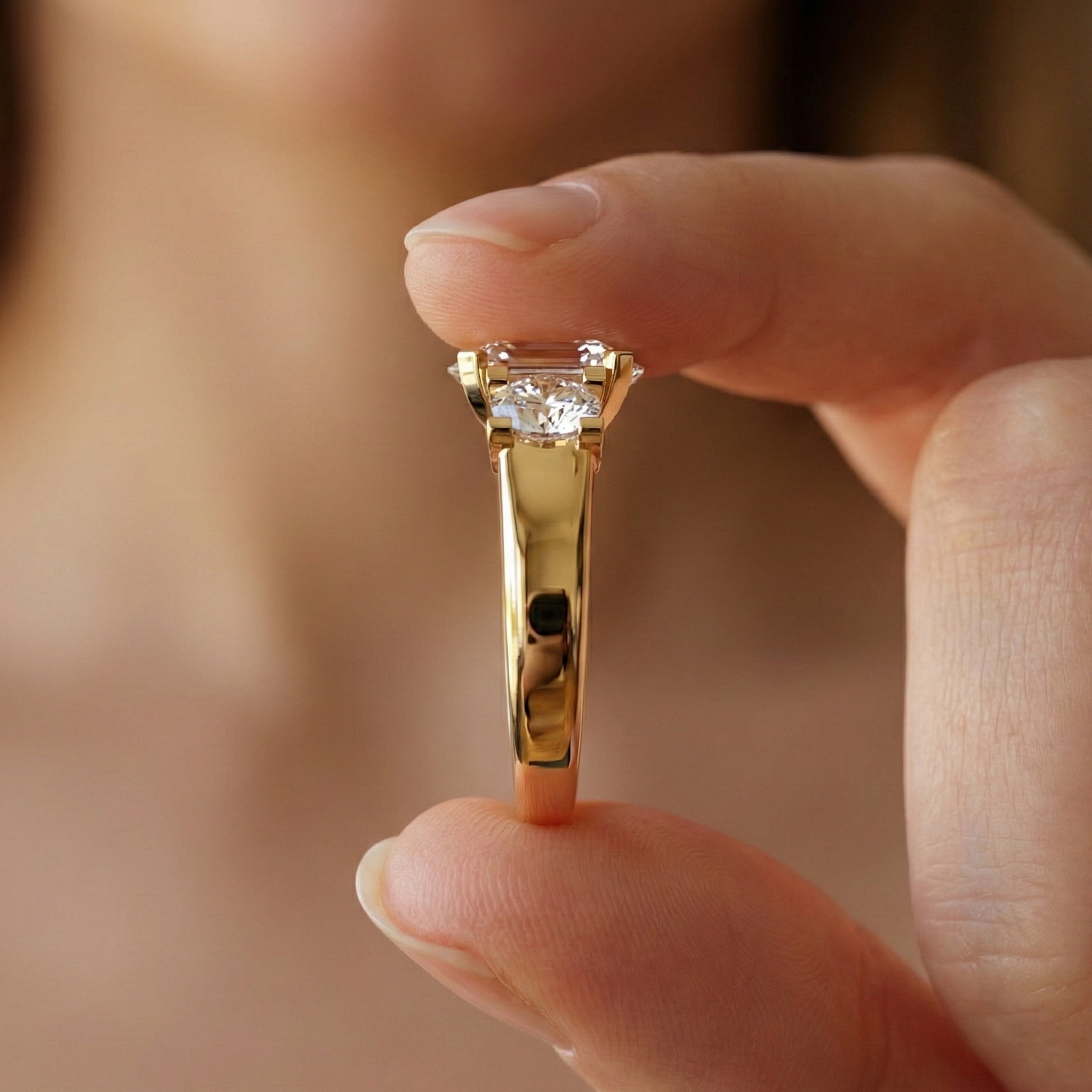 Oval/Round Cut Three Stone Lab Grown Diamond Engagement Ring in 14K Yellow Gold, Propose Ring, Handmade Jewelry