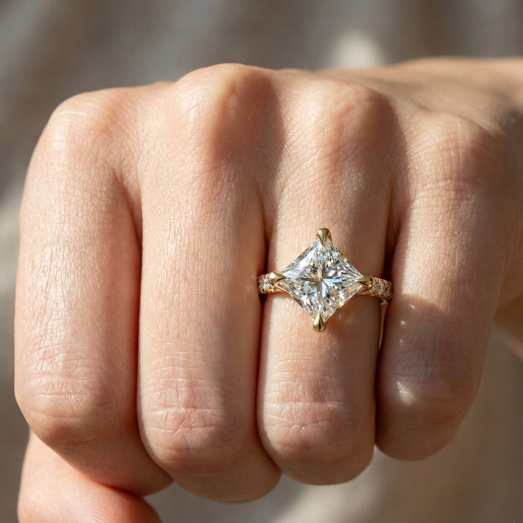 Princess Cut Pavé Solitaire Engagement Ring in 14K Solid Gold, 2.00 CT Princess Cut Lab Grown Diamond, Bridal Jewelry, Gift For Her