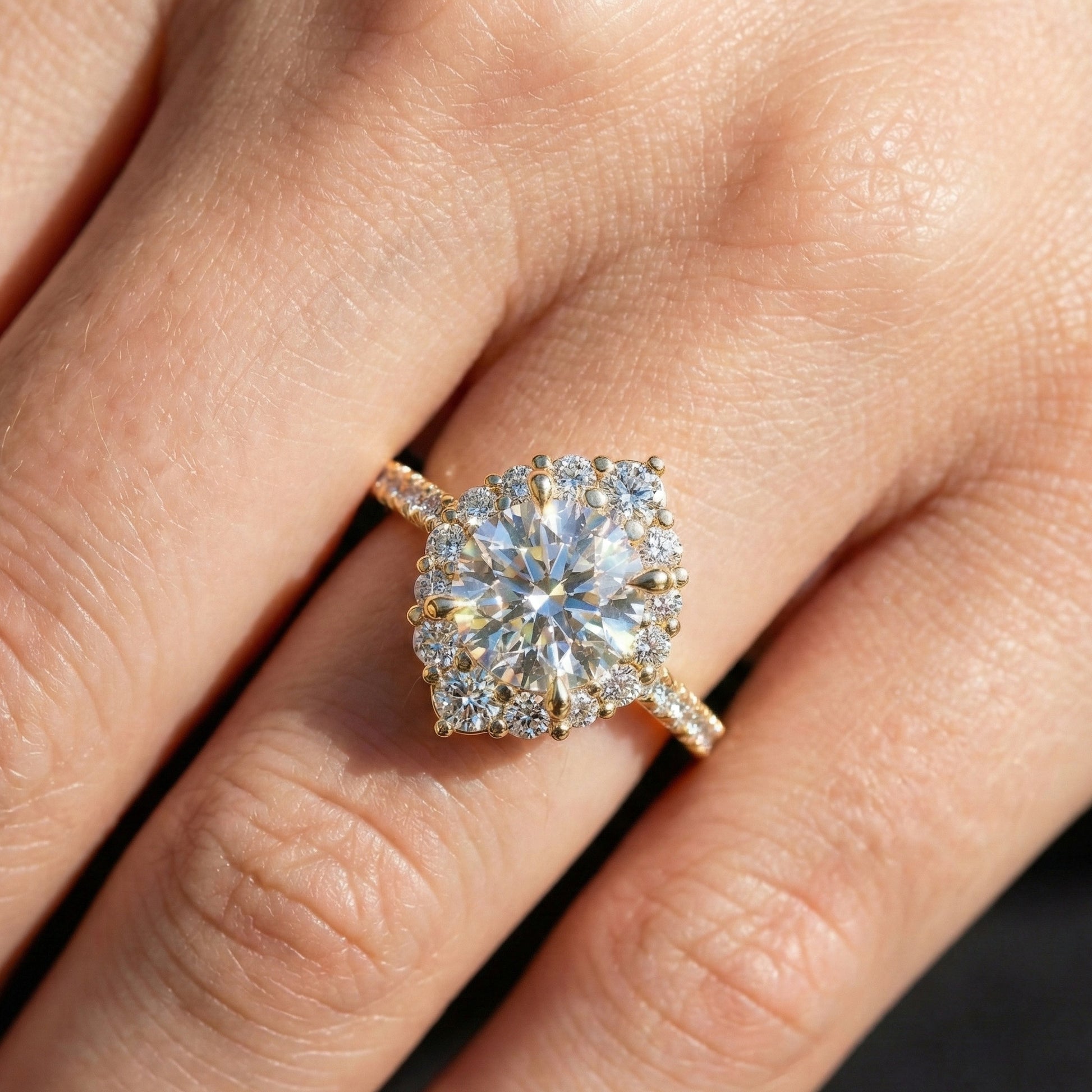 Dainty Floral Diamond Halo Pave Engagement Ring in 14K Solid Gold, 1.00 CT Round Cut Lab Diamond, Handmade Bridal Jewelry, Anniversary Gift for Her