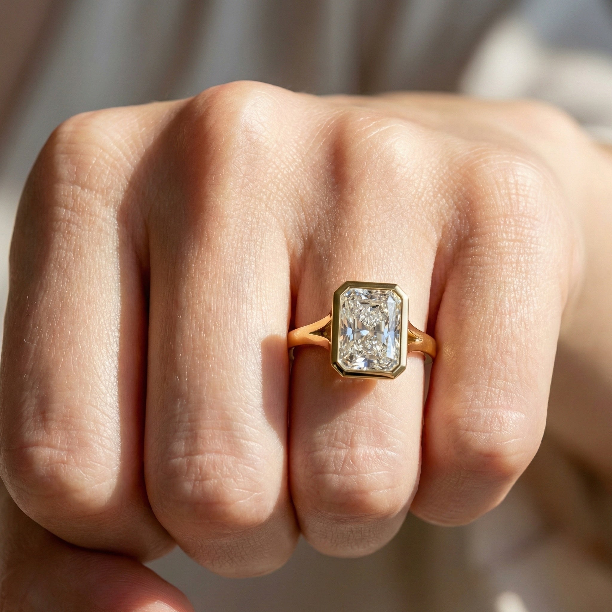 Modern Bezel Set Rectangle Solitaire Engagement Ring in 18K Solid Gold, 2.00 CT Radiant Cut Lab Created Diamond, Anniversary Gift for Her, Handmade Bridal Jewelry