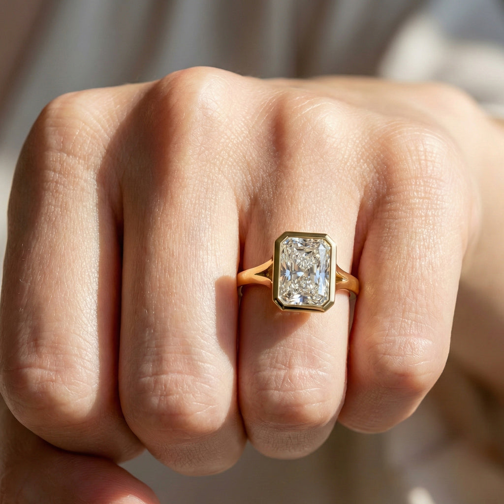 Modern Bezel Set Rectangle Solitaire Engagement Ring in 18K Solid Gold, 2.00 CT Radiant Cut Lab Created Diamond, Anniversary Gift for Her, Handmade Bridal Jewelry