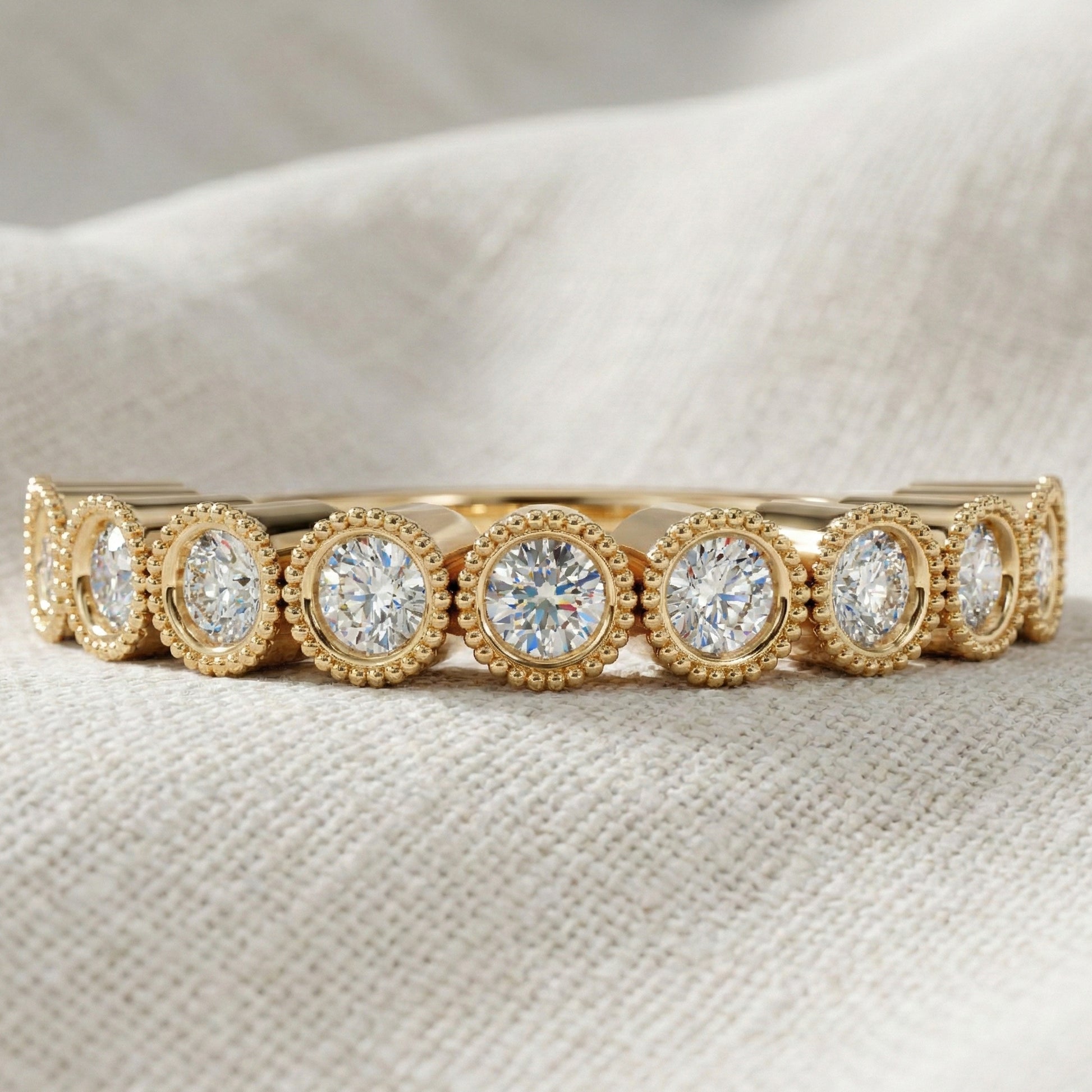 Vintage Bezel Set Wedding Eternity Band in Lab Grown Diamond-14k Solid Gold, Milgrain Ring for Her, Promise Ring